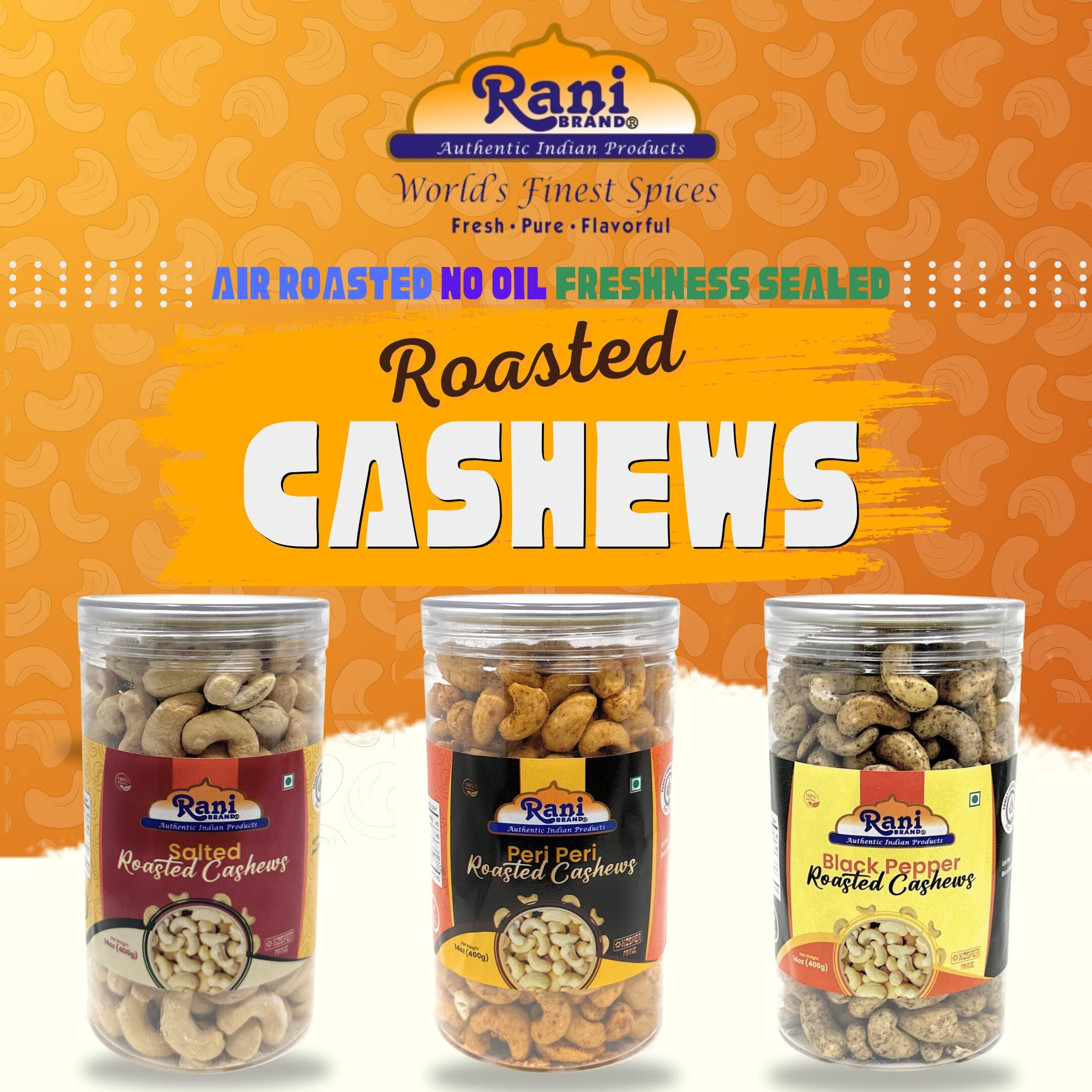 Rani Roasted Cashews Variety Pack (Salted, Black Pepper, Peri Peri) 14oz (400g) Pack of 3, PET Jar, Non-Fried, Oil Free ~ All Natural, Vegan, Gluten Friendly, NON-GMO, Kosher, Air Roasted