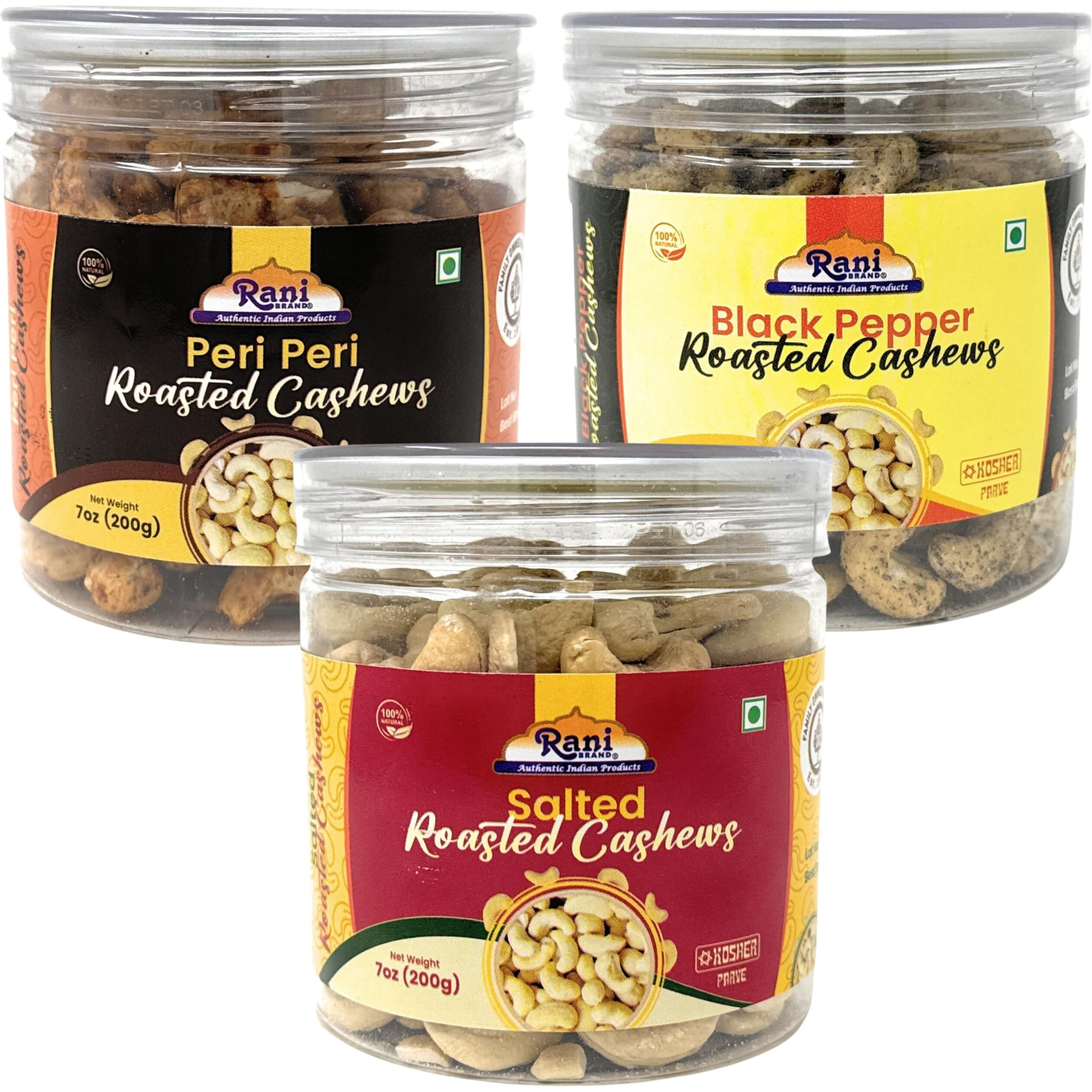 Rani Roasted Cashews Variety Pack (Salted, Black Pepper, Peri Peri) 7oz (200g) Pack of 3, PET Jar, Non-Fried, Oil Free ~ All Natural, Vegan, Gluten Friendly, NON-GMO, Kosher, Air Roasted