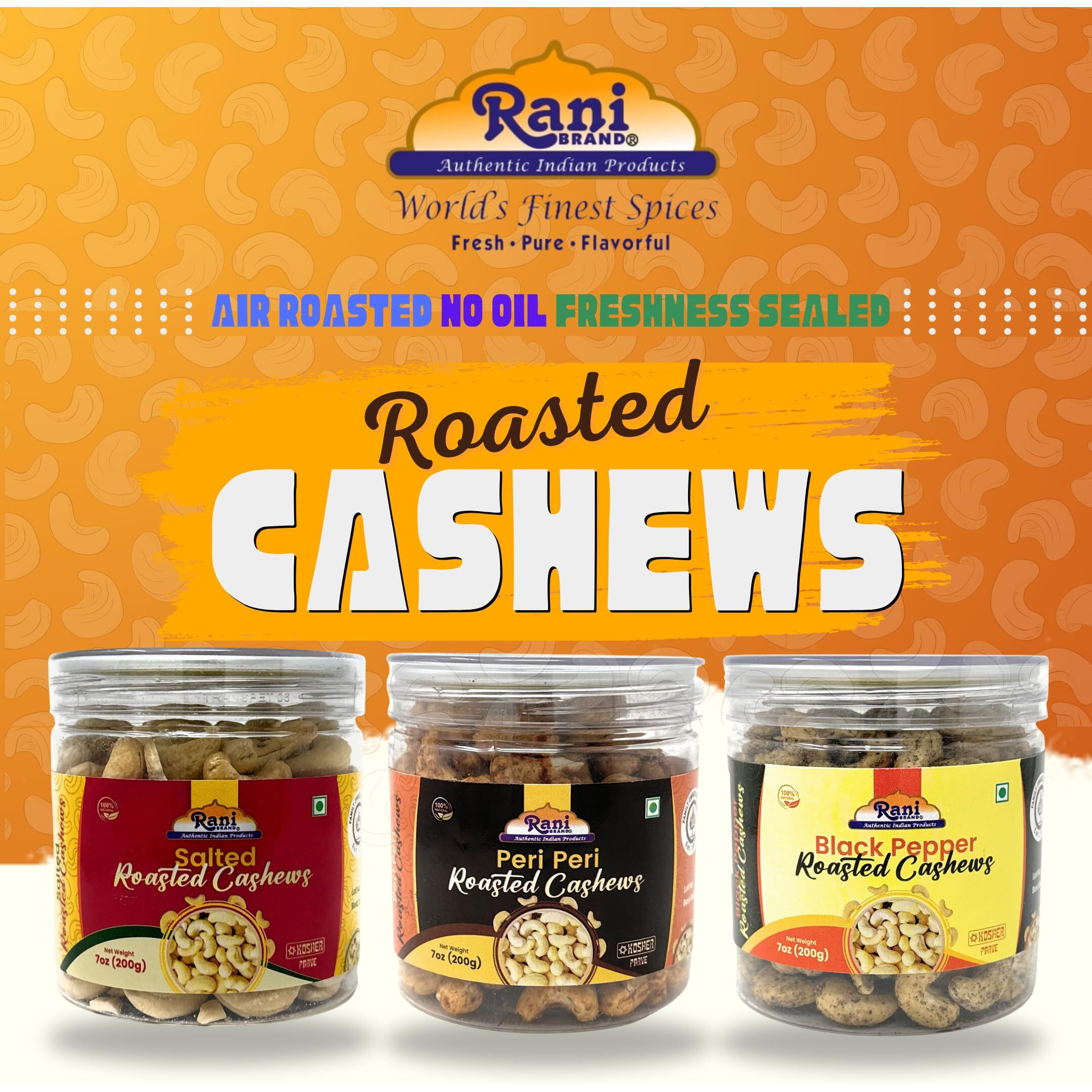 Rani Roasted Cashews Variety Pack (Salted, Black Pepper, Peri Peri) 7oz (200g) Pack of 3, PET Jar, Non-Fried, Oil Free ~ All Natural, Vegan, Gluten Friendly, NON-GMO, Kosher, Air Roasted