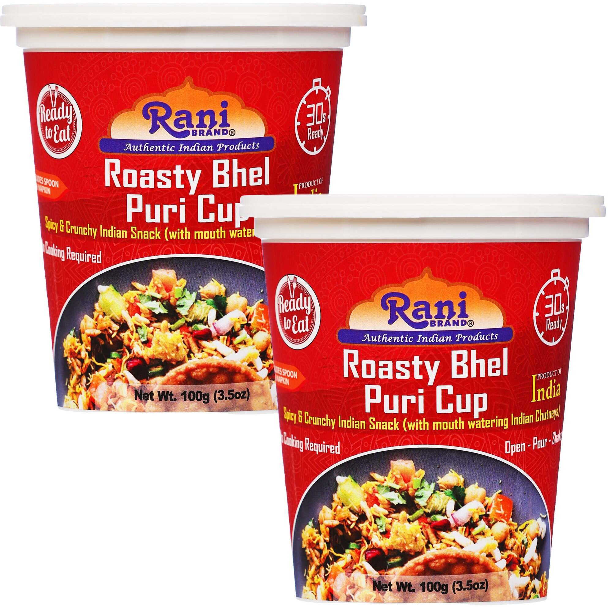 Rani Roasty Bhel Puri Cup (Spicy & Crunchy Indian Snack w/ mouth watering Indian Chutneys) 3.5oz (100g), Pack of 2 ~ Ready to Eat, Vegan, NON-GMO, Indian Origin