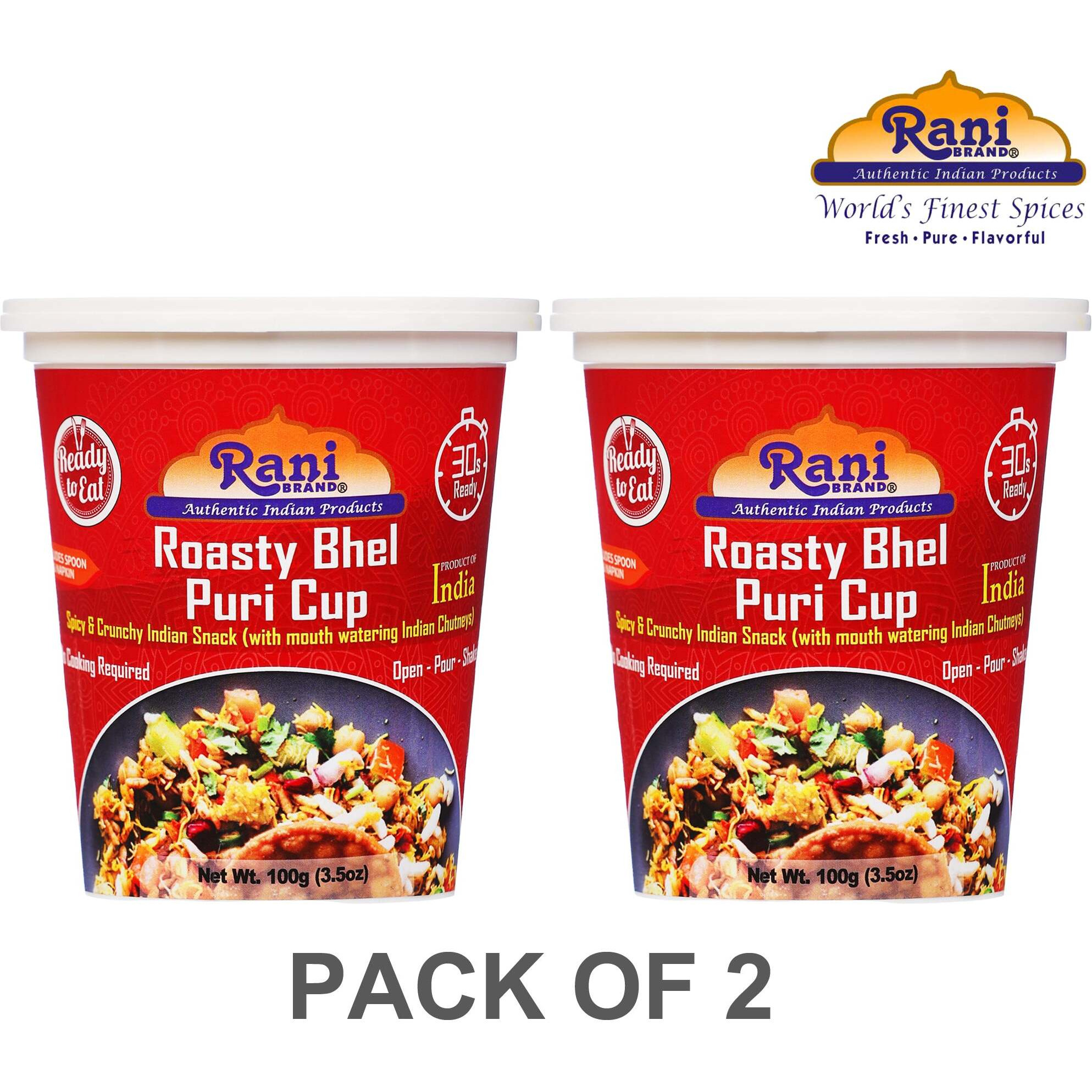 Rani Roasty Bhel Puri Cup (Spicy & Crunchy Indian Snack w/ mouth watering Indian Chutneys) 3.5oz (100g), Pack of 2 ~ Ready to Eat, Vegan, NON-GMO, Indian Origin