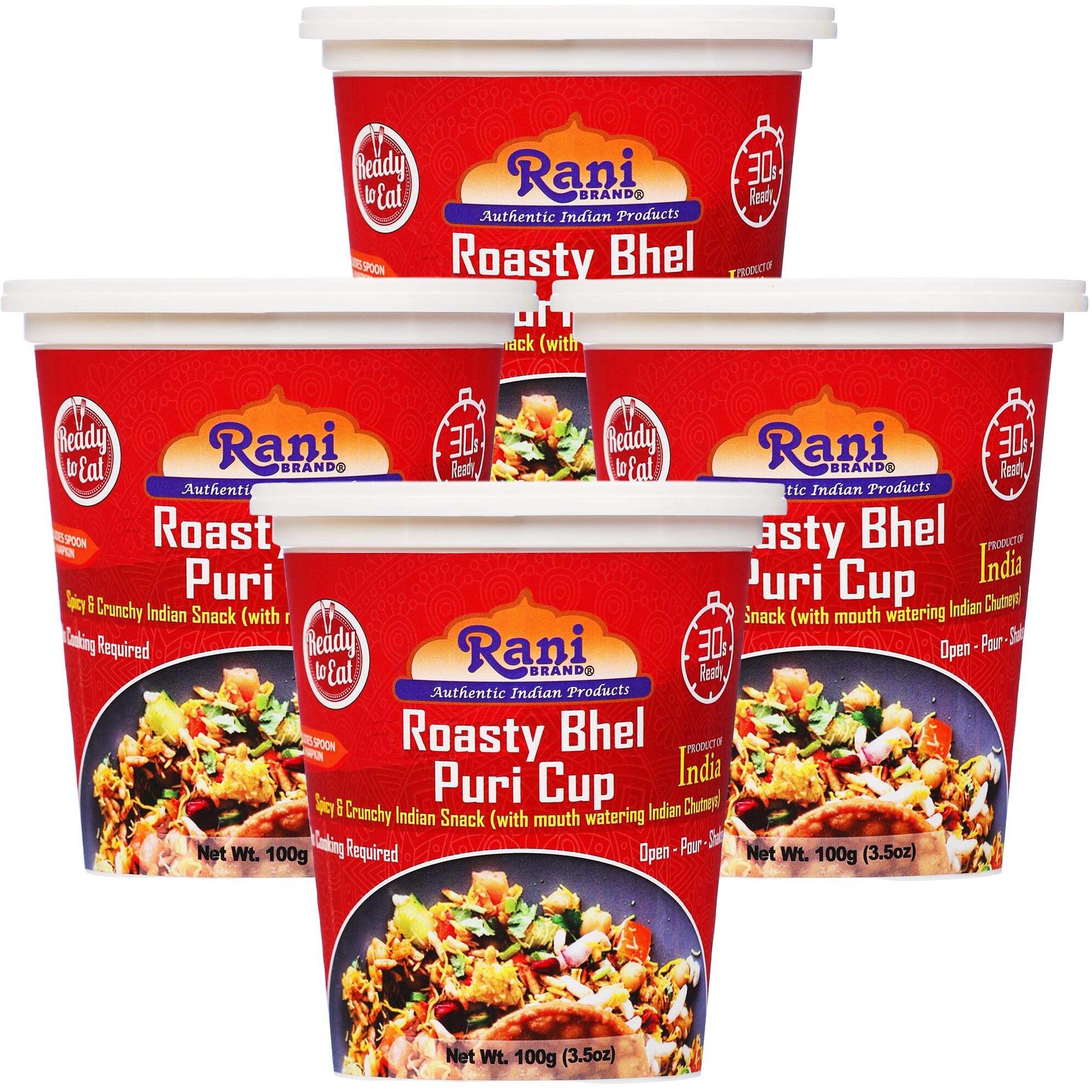 Rani Roasty Bhel Puri Cup (Spicy & Crunchy Indian Snack w/ mouth watering Indian Chutneys) 3.5oz (100g), Pack of 4 ~ Ready to Eat, Vegan, NON-GMO, Indian Origin