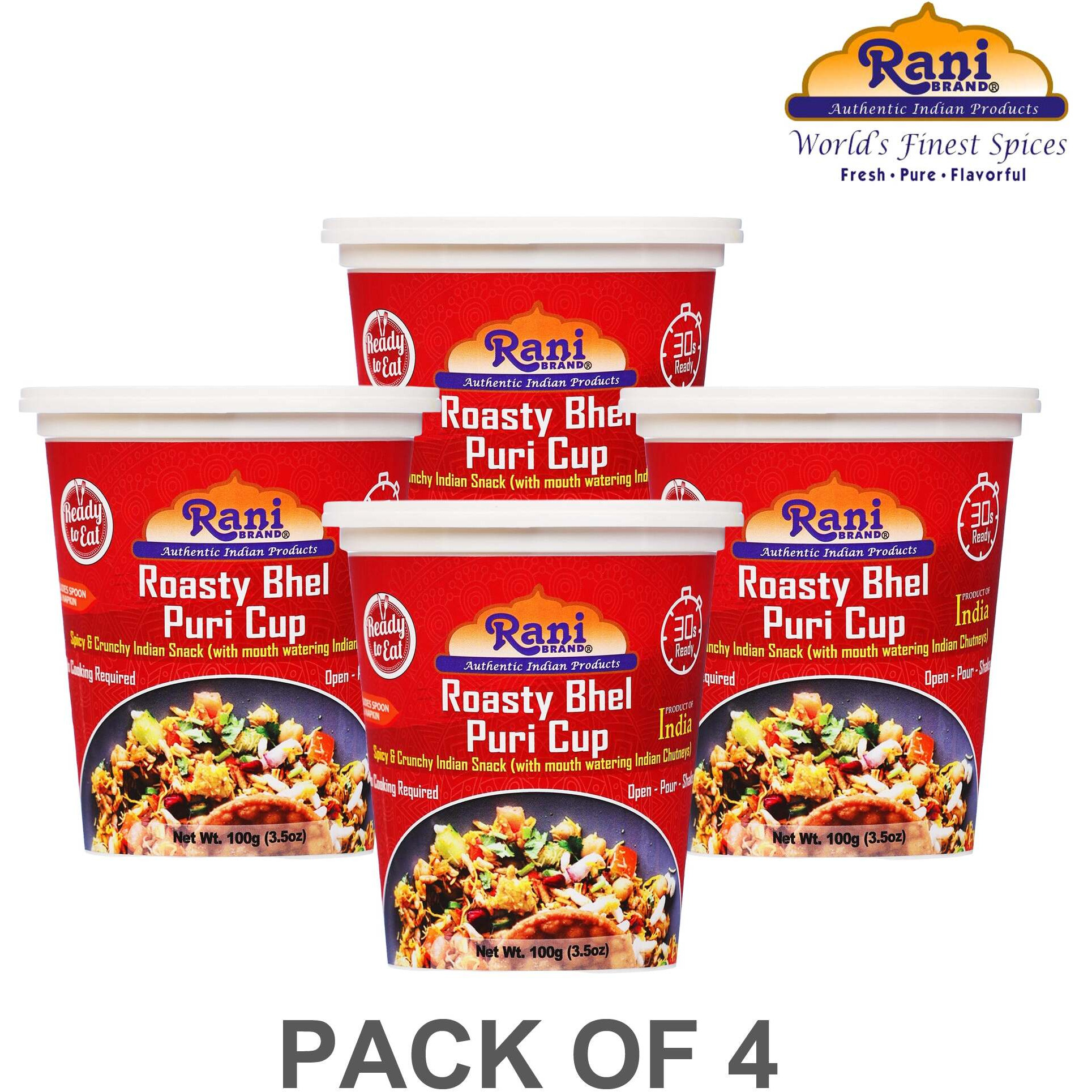 Rani Roasty Bhel Puri Cup (Spicy & Crunchy Indian Snack w/ mouth watering Indian Chutneys) 3.5oz (100g), Pack of 4 ~ Ready to Eat, Vegan, NON-GMO, Indian Origin