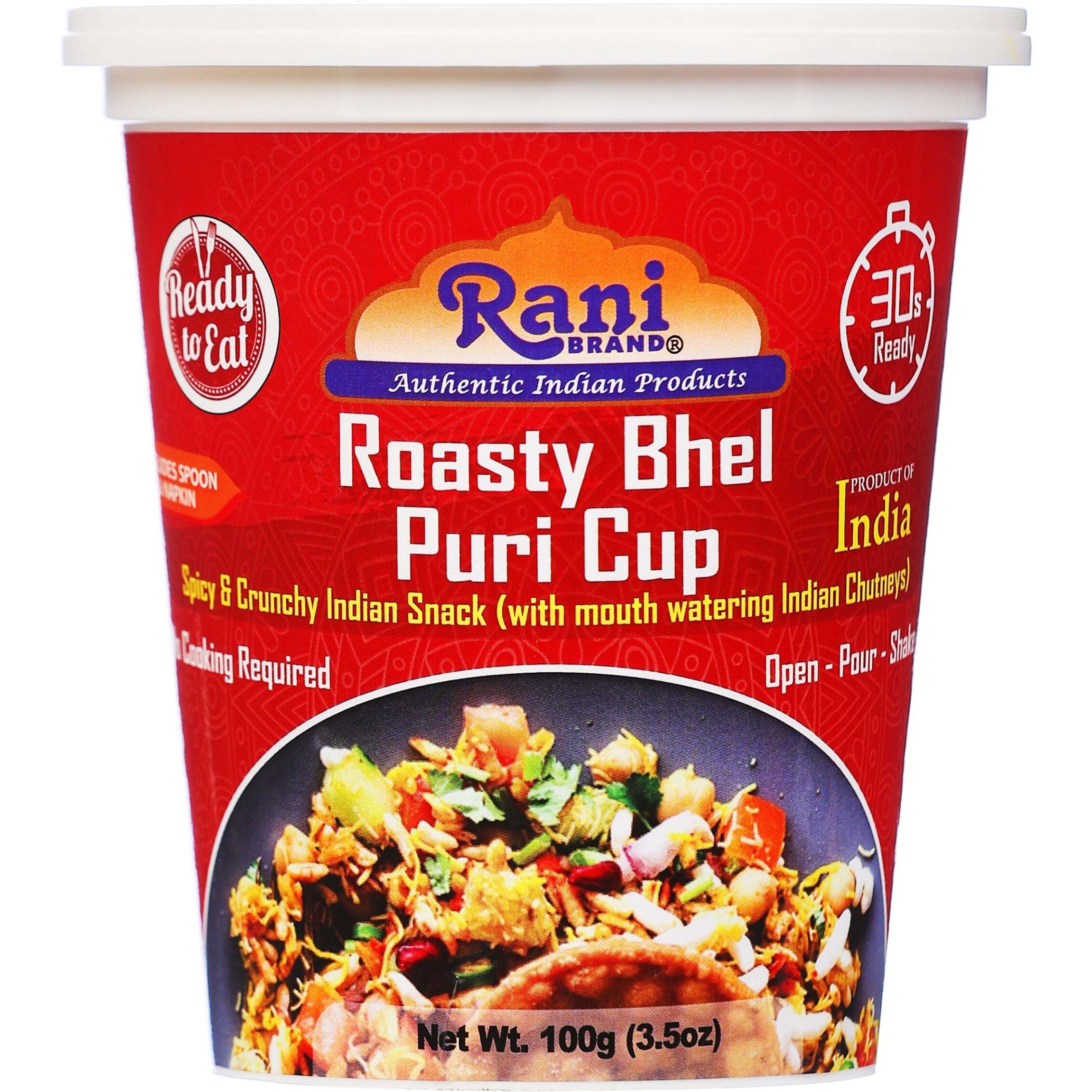 Rani Roasty Bhel Puri Cup (Spicy & Crunchy Indian Snack w/ mouth watering Indian Chutneys) 3.5oz (100g), Pack of 4 ~ Ready to Eat, Vegan, NON-GMO, Indian Origin