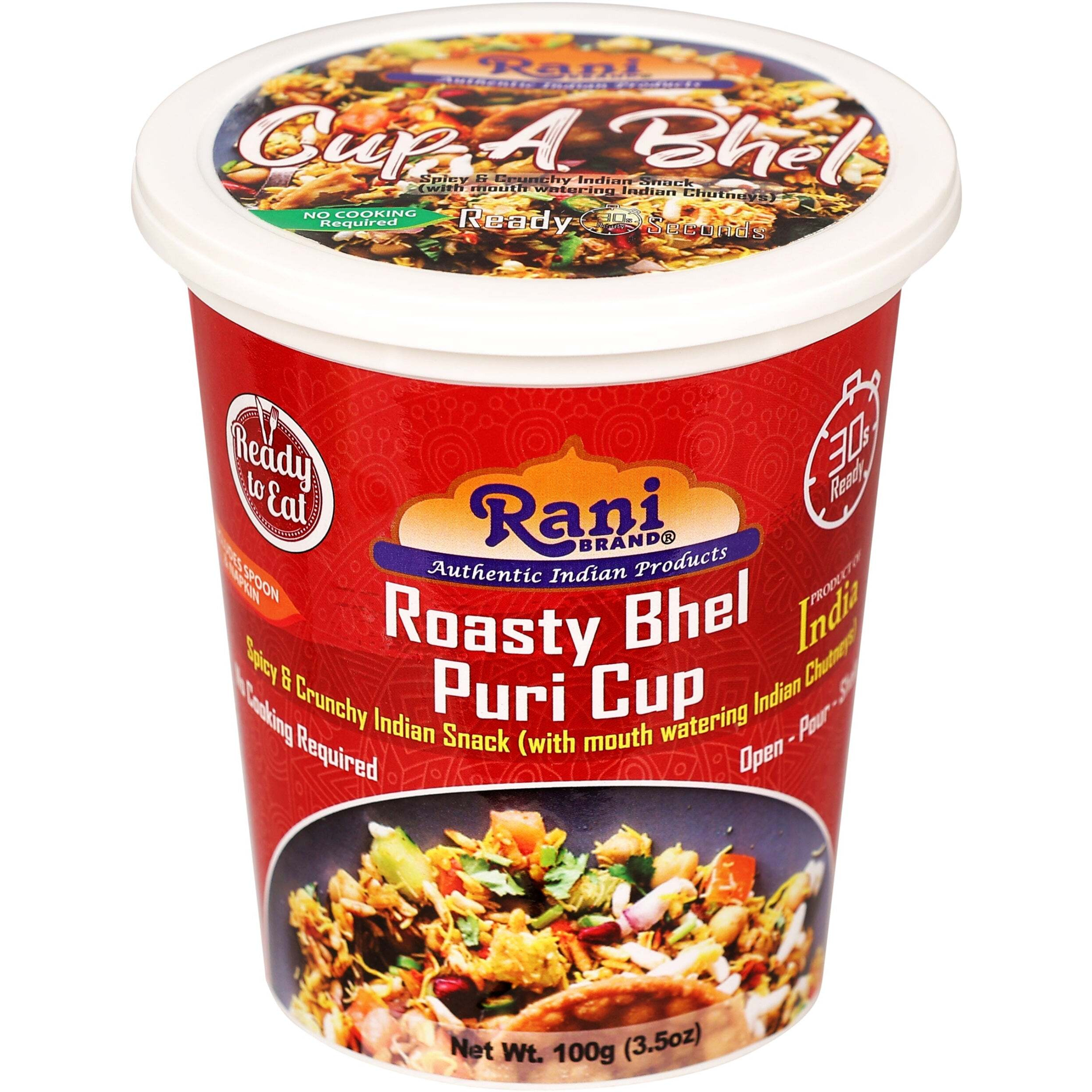 Rani Roasty Bhel Puri Cup (Spicy & Crunchy Indian Snack w/ mouth watering Indian Chutneys) 3.5oz (100g), Pack of 4 ~ Ready to Eat, Vegan, NON-GMO, Indian Origin