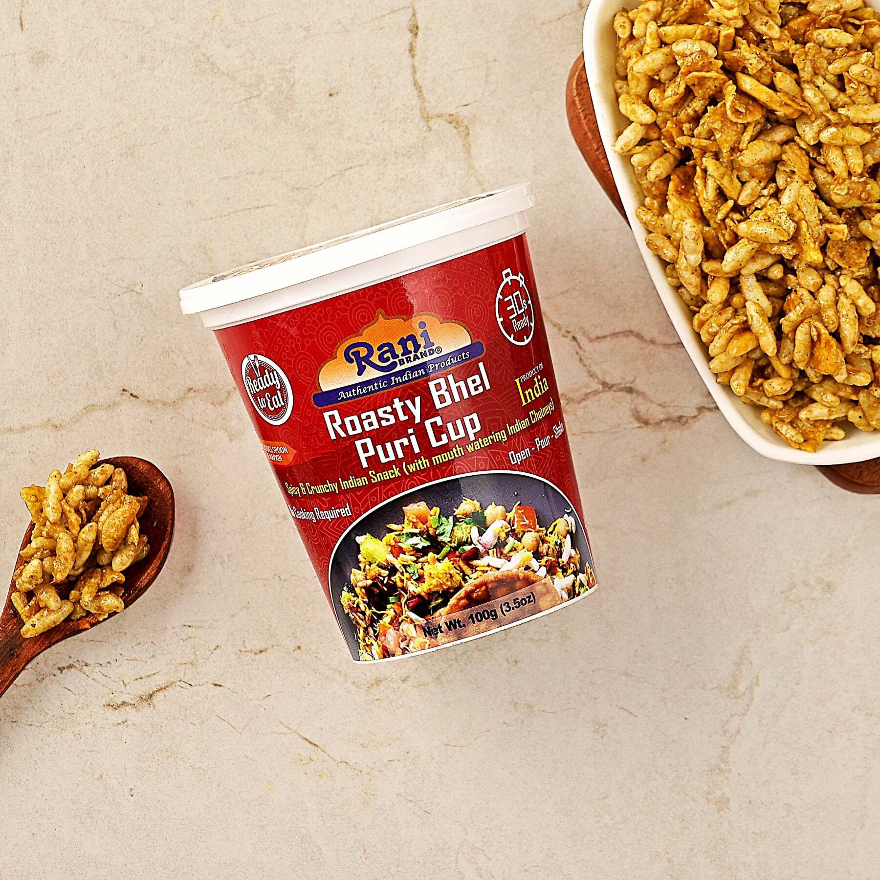 Rani Roasty Bhel Puri Cup (Spicy & Crunchy Indian Snack w/ mouth watering Indian Chutneys) 3.5oz (100g), Pack of 6+1 FREE ~ Ready to Eat, Vegan, NON-GMO, Indian Origin