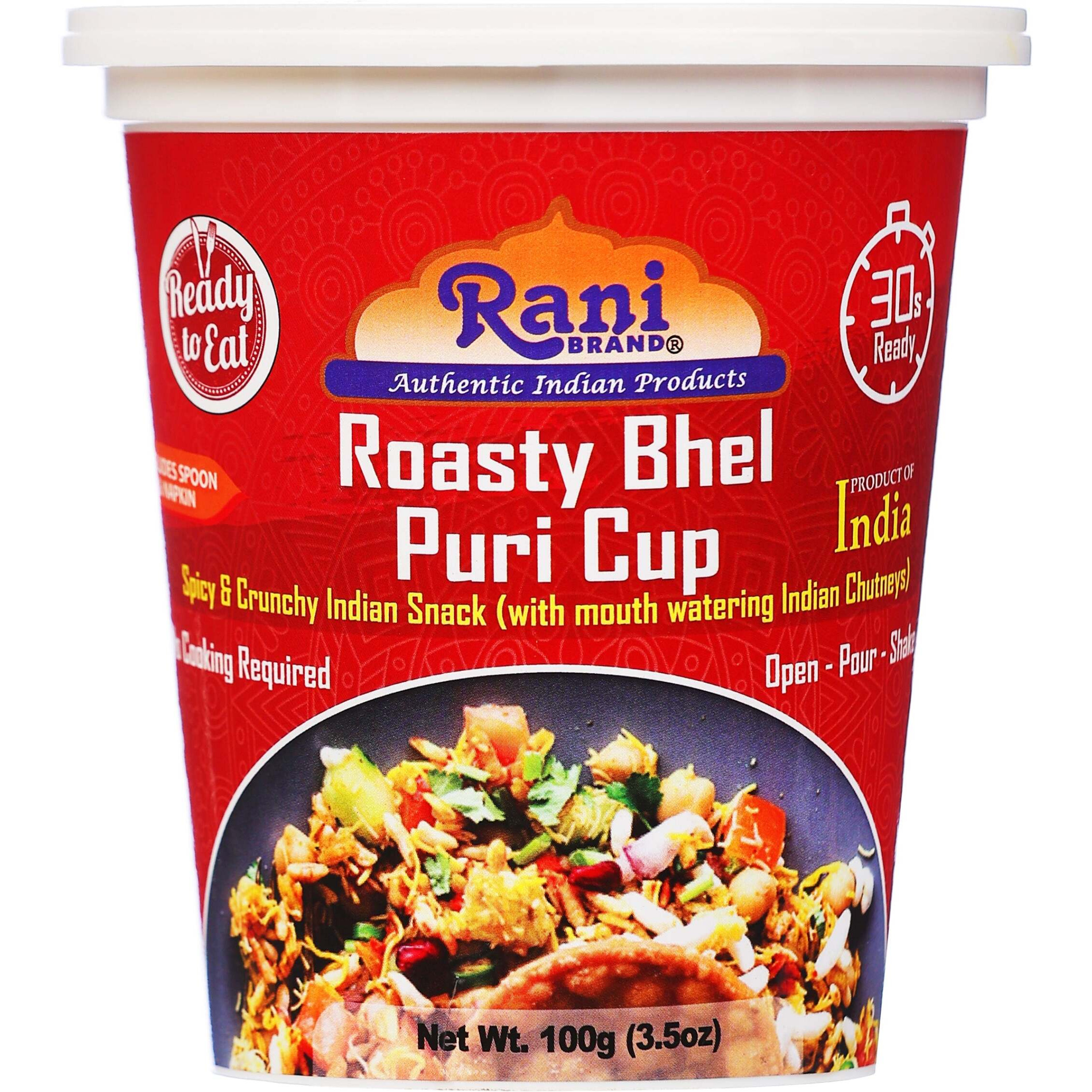 Rani Roasty Bhel Puri Cup (Spicy & Crunchy Indian Snack w/ mouth watering Indian Chutneys) 3.5oz (100g), Pack of 6+1 FREE ~ Ready to Eat, Vegan, NON-GMO, Indian Origin