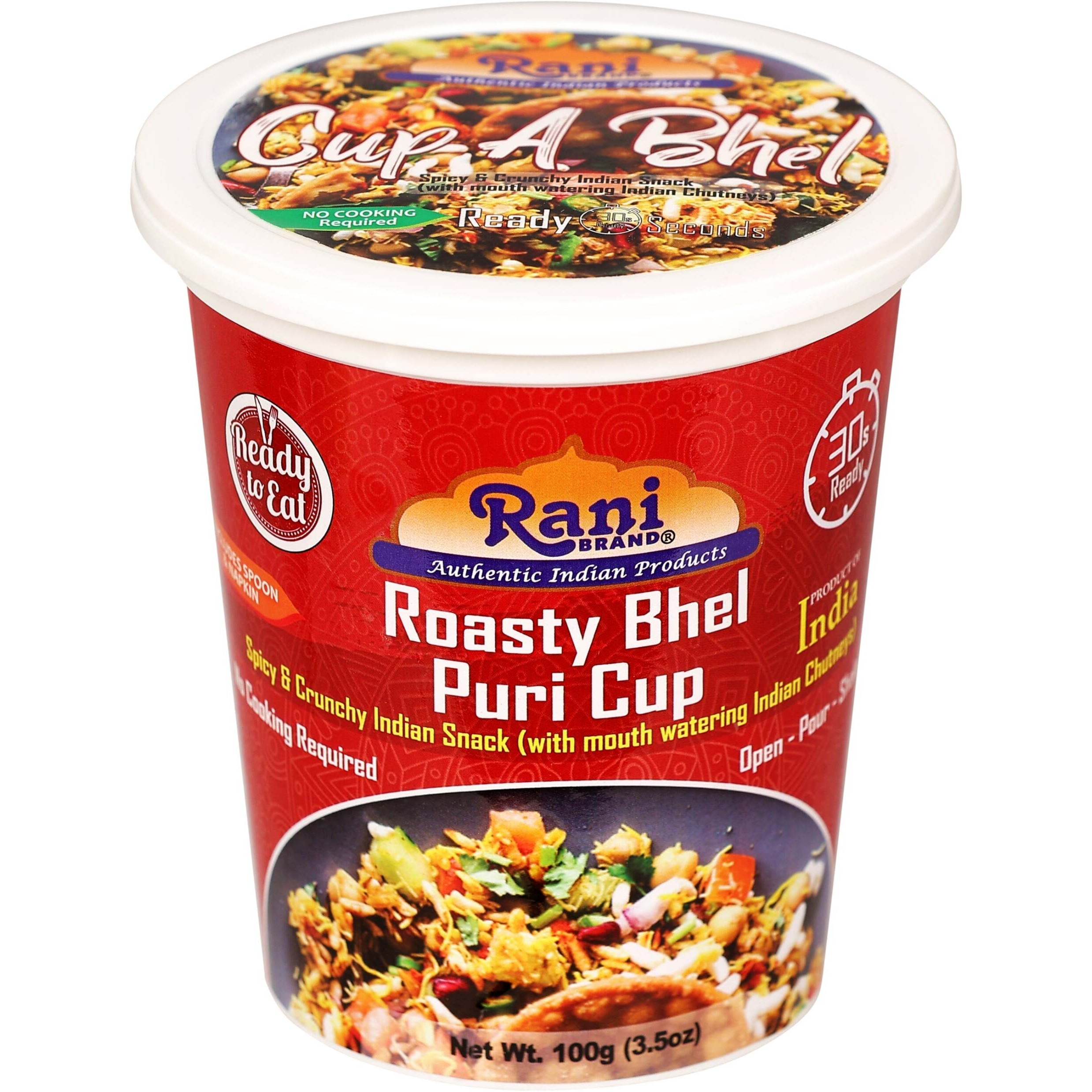 Rani Roasty Bhel Puri Cup (Spicy & Crunchy Indian Snack w/ mouth watering Indian Chutneys) 3.5oz (100g), Pack of 6+1 FREE ~ Ready to Eat, Vegan, NON-GMO, Indian Origin