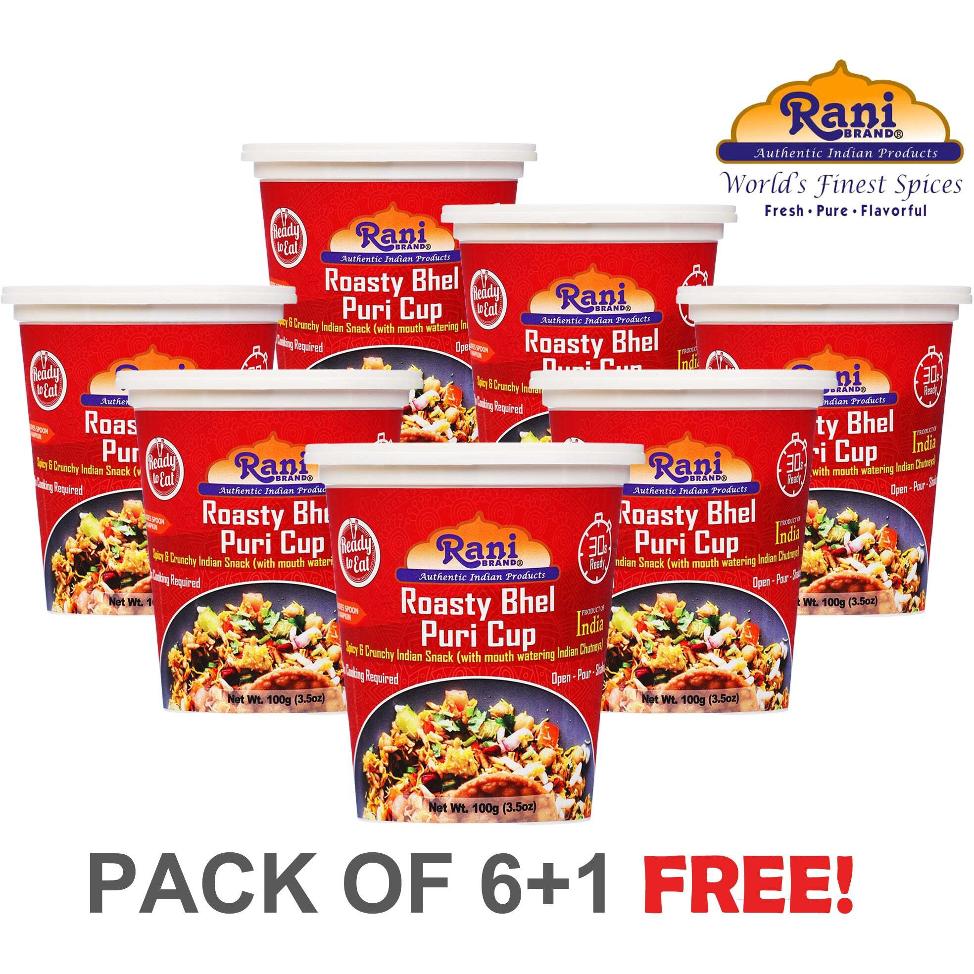 Rani Roasty Bhel Puri Cup (Spicy & Crunchy Indian Snack w/ mouth watering Indian Chutneys) 3.5oz (100g), Pack of 6+1 FREE ~ Ready to Eat, Vegan, NON-GMO, Indian Origin