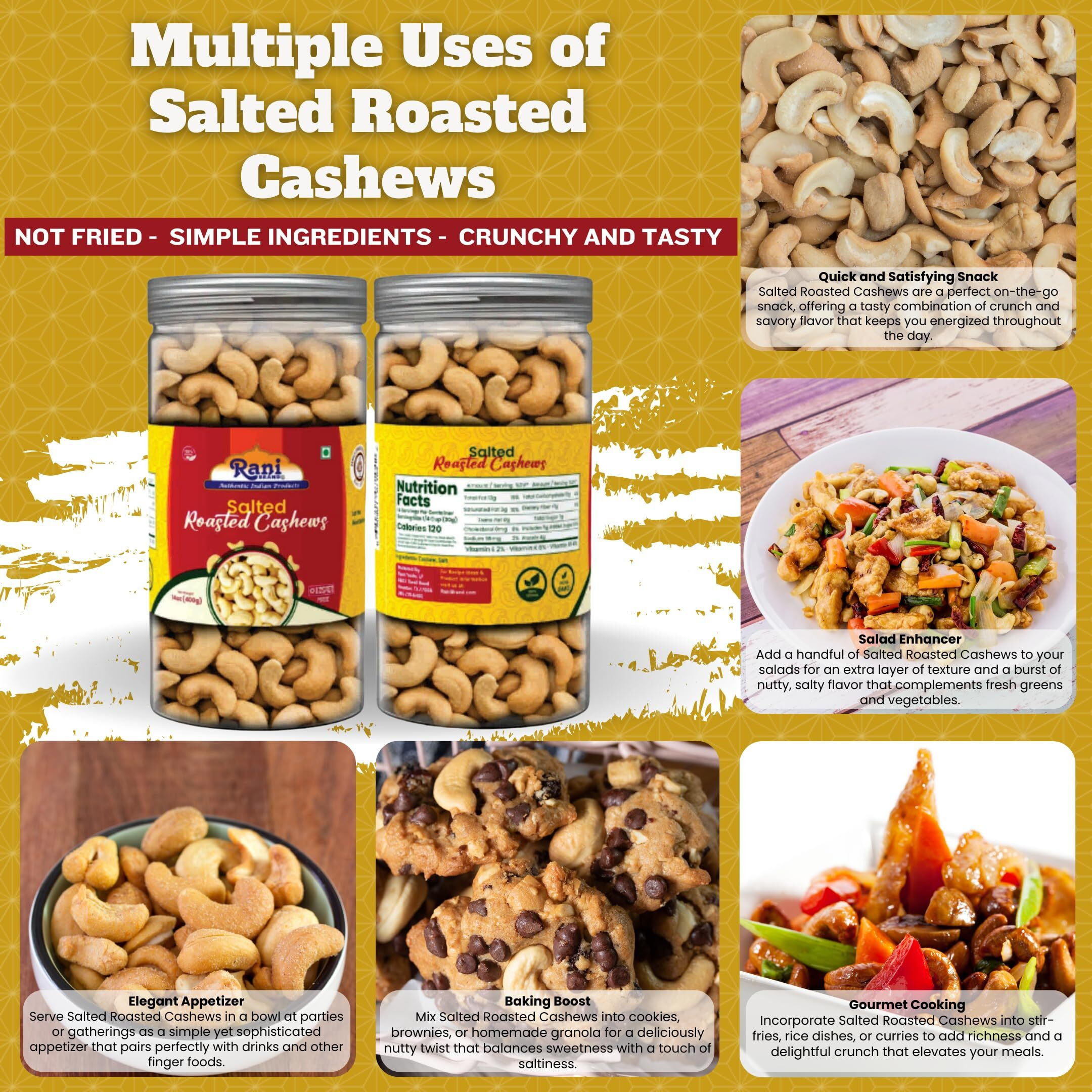 Rani Salted Roasted Cashews 14oz (400g) PET Jar, Non-Fried, Oil Free ~ All Natural, Vegan, Gluten Friendly, NON-GMO, Kosher, Air Roasted, Crunchy & Flavorful (Size 14oz (400g))