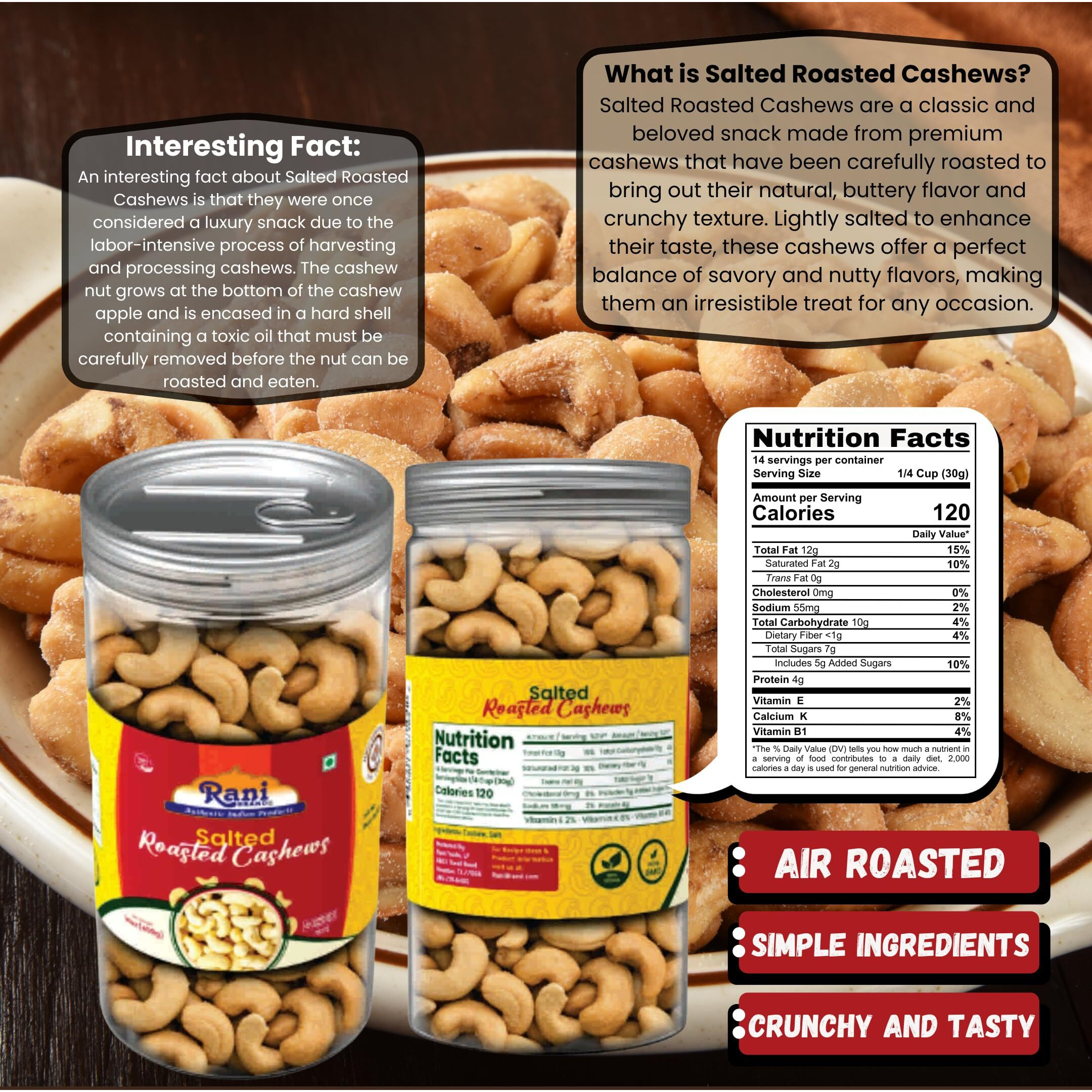 Rani Salted Roasted Cashews 14oz (400g) PET Jar, Non-Fried, Oil Free ~ All Natural, Vegan, Gluten Friendly, NON-GMO, Kosher, Air Roasted, Crunchy & Flavorful (Size 14oz (400g))