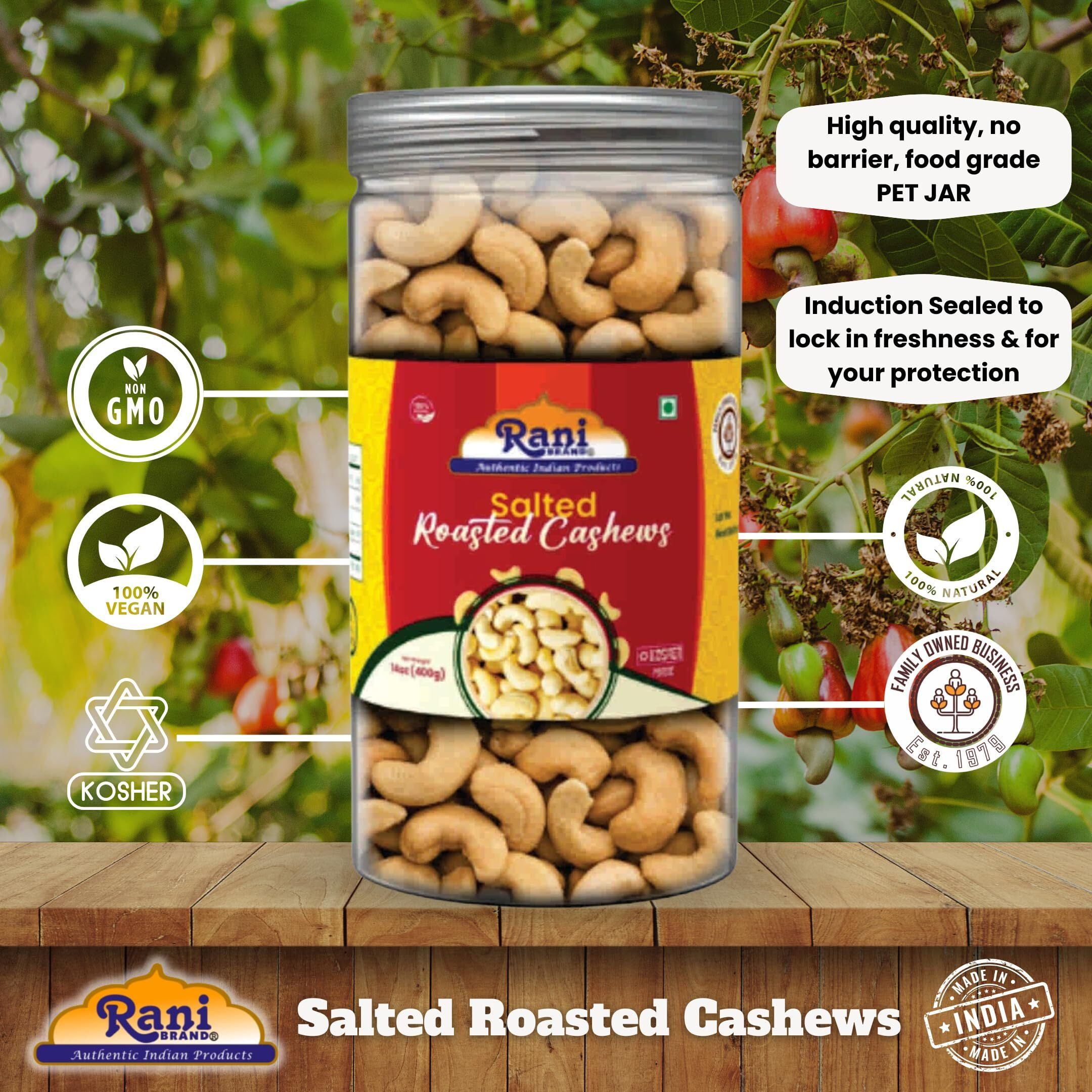 Rani Salted Roasted Cashews 14oz (400g) PET Jar, Non-Fried, Oil Free ~ All Natural, Vegan, Gluten Friendly, NON-GMO, Kosher, Air Roasted, Crunchy & Flavorful (Size 14oz (400g))
