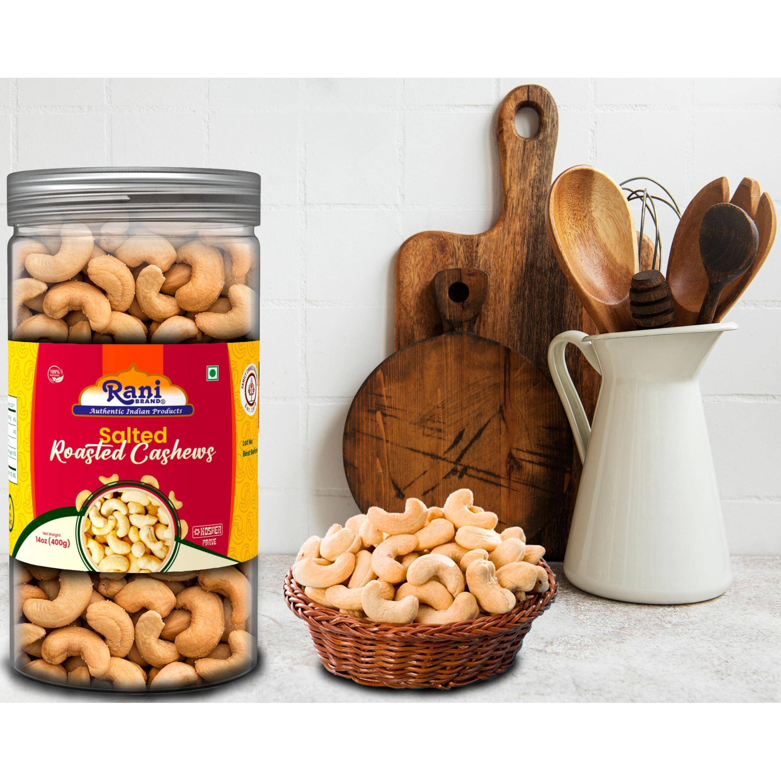 Rani Salted Roasted Cashews 14oz (400g) PET Jar, Non-Fried, Oil Free ~ All Natural, Vegan, Gluten Friendly, NON-GMO, Kosher, Air Roasted, Crunchy & Flavorful (Size 14oz (400g))