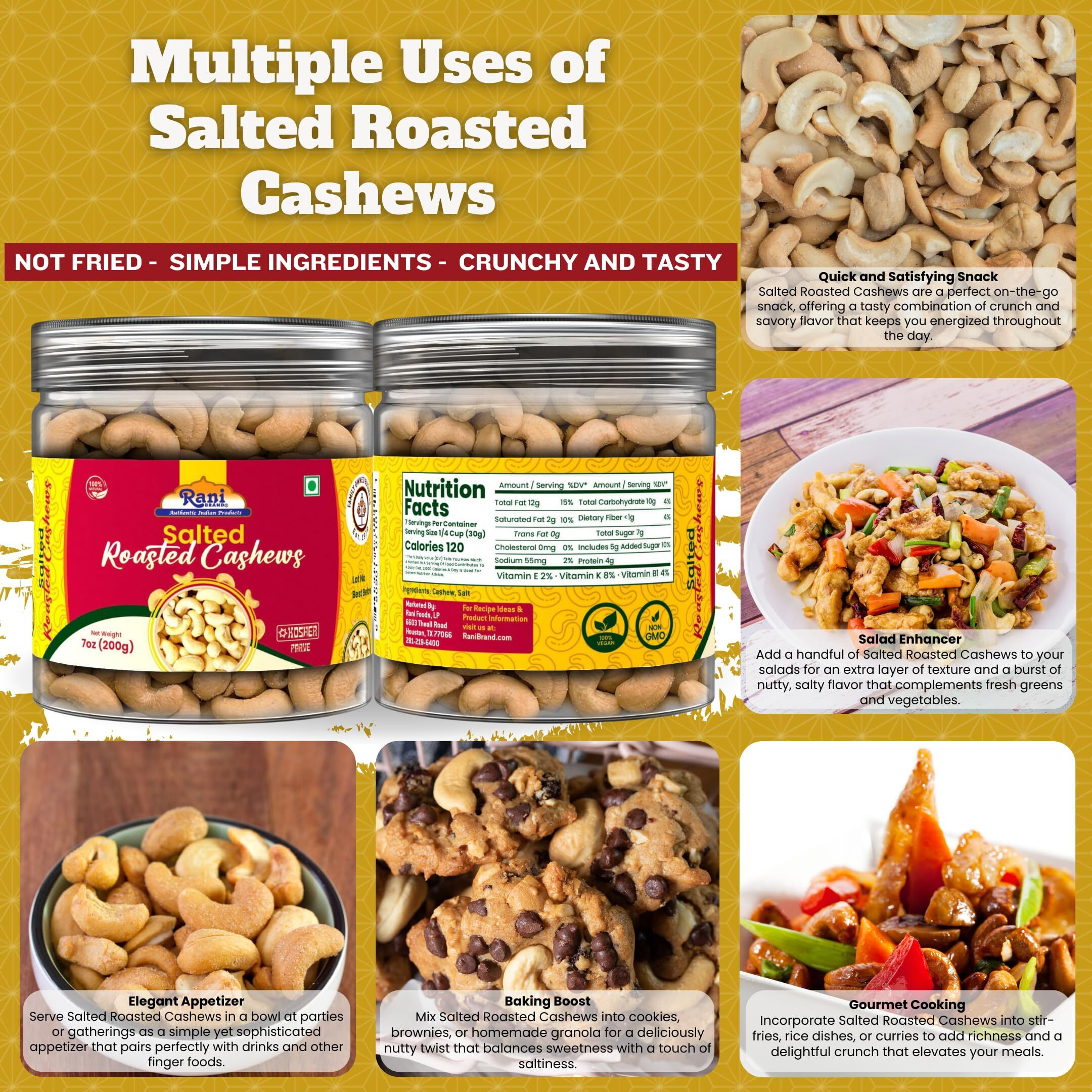 Rani Salted Roasted Cashews 7oz (200g) PET Jar, Non-Fried, Oil Free ~ All Natural, Vegan, Gluten Friendly, NON-GMO, Kosher, Air Roasted, Crunchy & Flavorful (Size 7oz (200g))