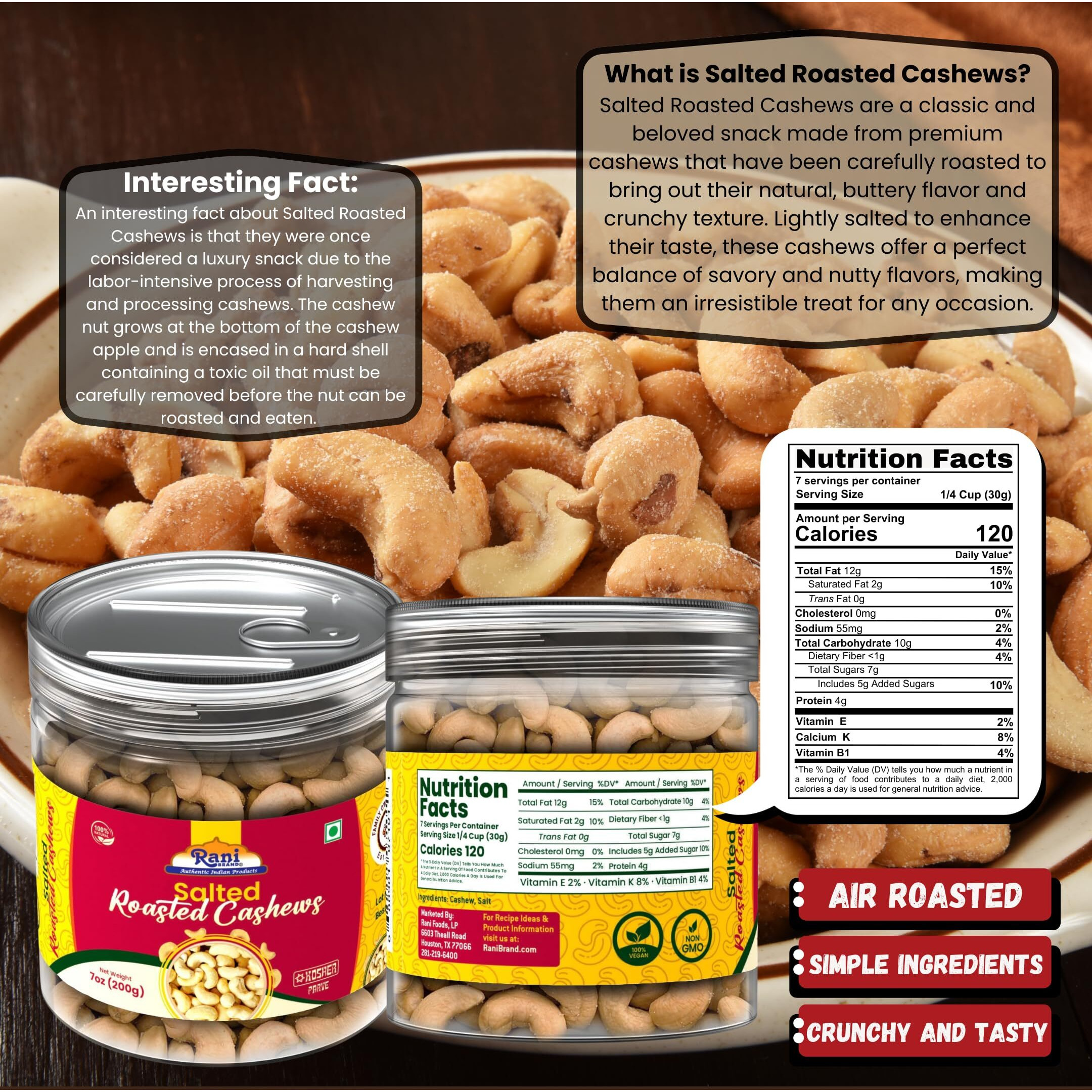 Rani Salted Roasted Cashews 7oz (200g) PET Jar, Non-Fried, Oil Free ~ All Natural, Vegan, Gluten Friendly, NON-GMO, Kosher, Air Roasted, Crunchy & Flavorful (Size 7oz (200g))