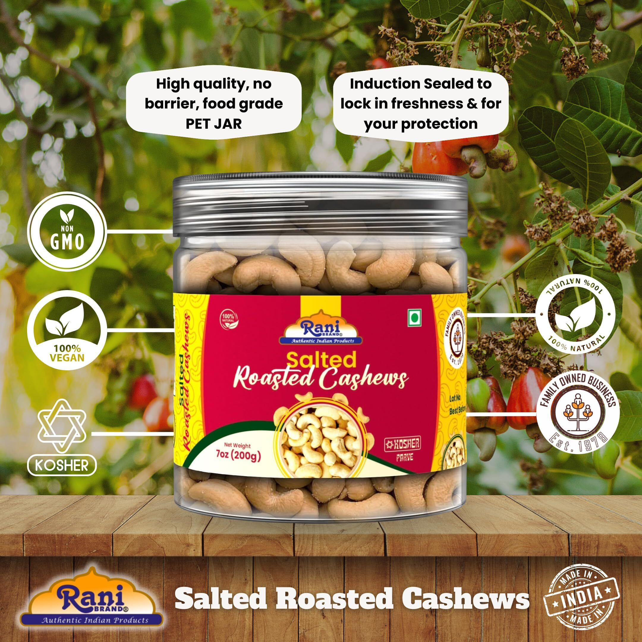Rani Salted Roasted Cashews 7oz (200g) PET Jar, Non-Fried, Oil Free ~ All Natural, Vegan, Gluten Friendly, NON-GMO, Kosher, Air Roasted, Crunchy & Flavorful (Size 7oz (200g))