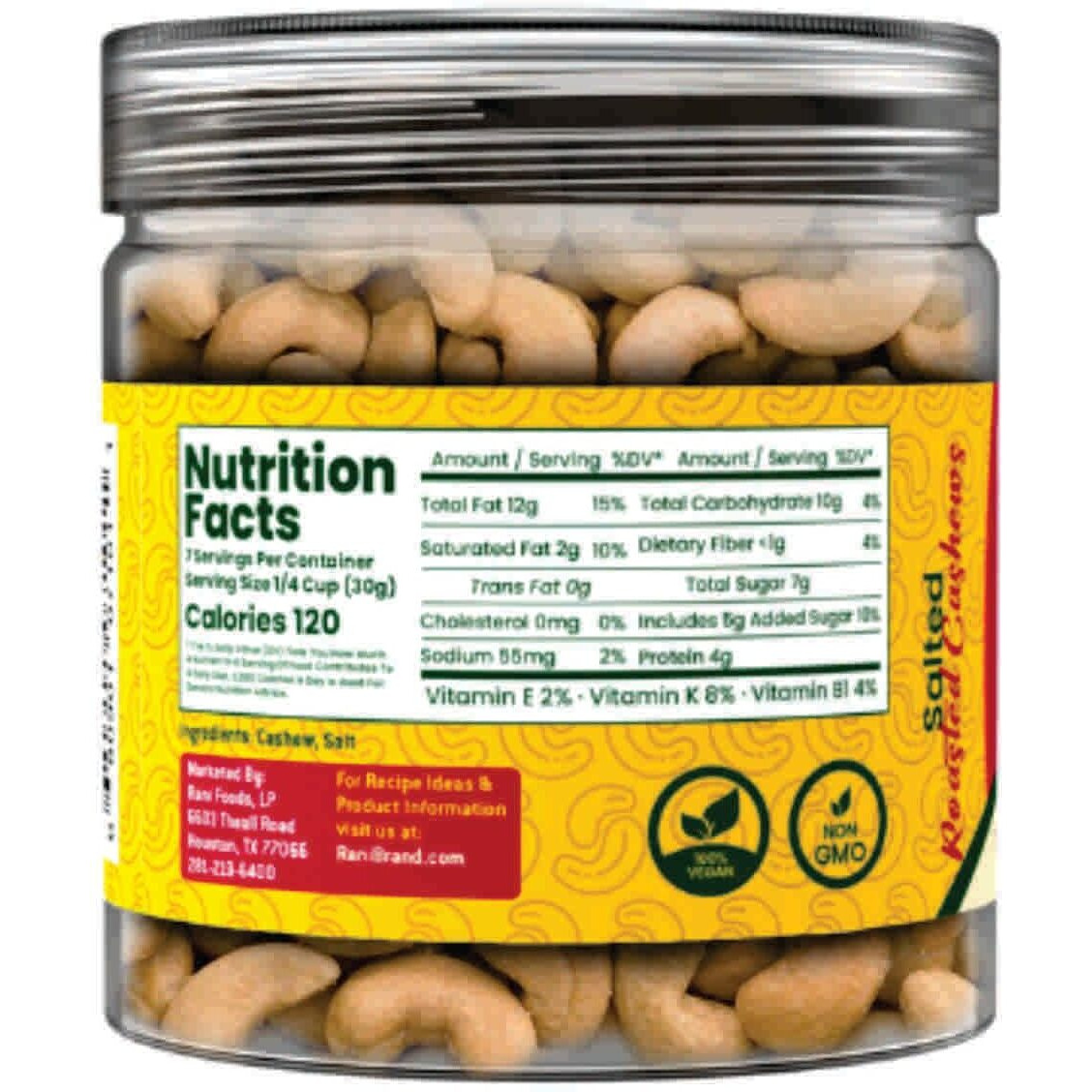Rani Salted Roasted Cashews 7oz (200g) PET Jar, Non-Fried, Oil Free ~ All Natural, Vegan, Gluten Friendly, NON-GMO, Kosher, Air Roasted, Crunchy & Flavorful (Size 7oz (200g))