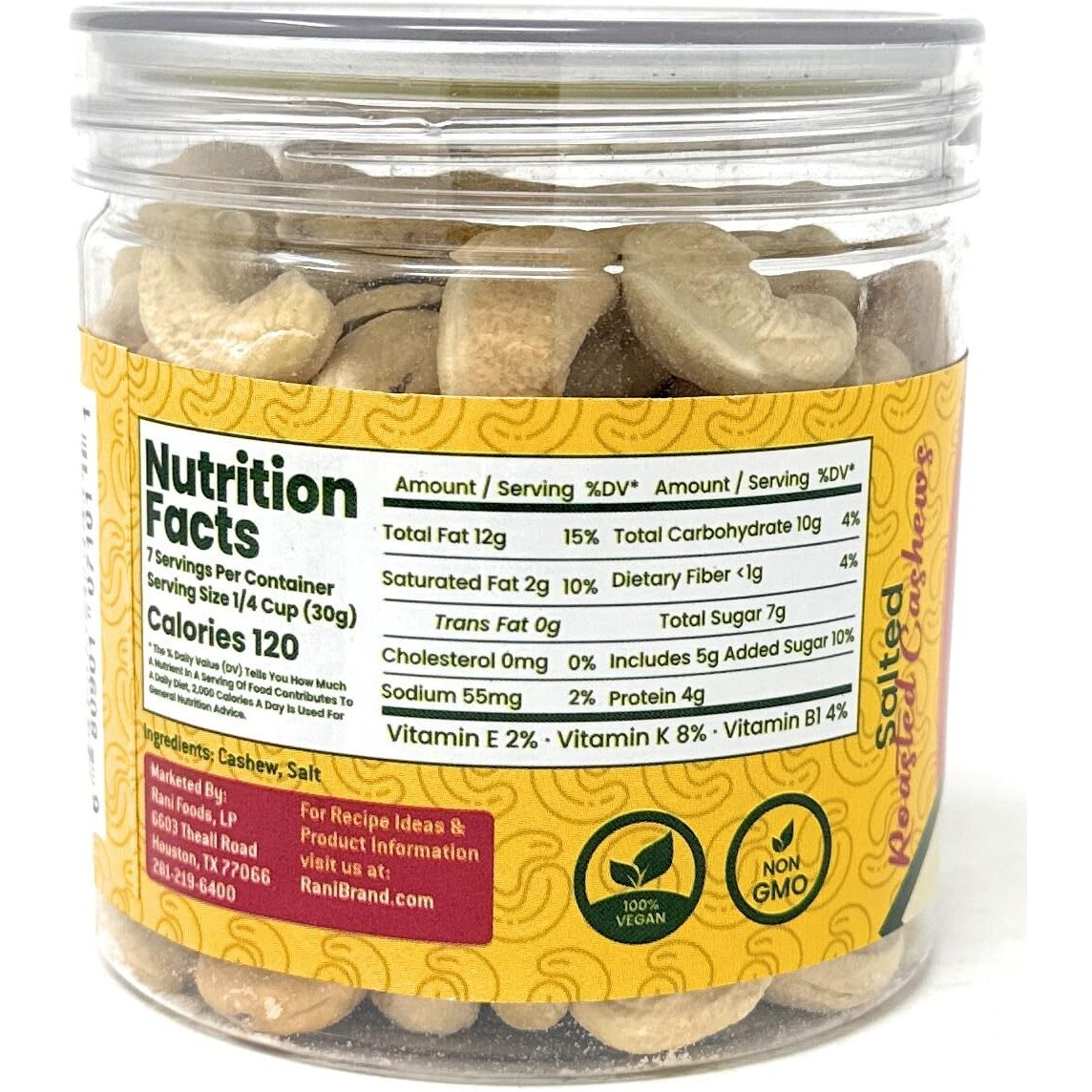 Rani Salted Roasted Cashews 7oz (200g) PET Jar, Pack of 6, Non-Fried, Oil Free ~ All Natural, Vegan, Gluten Friendly, NON-GMO, Kosher, Air Roasted, Crunchy & Flavorful