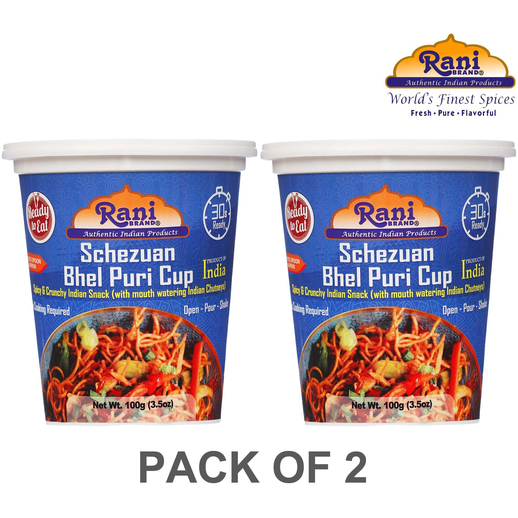 Rani Schezuan Bhel Puri Cup (Spicy & Crunchy Indian Snack w/ mouth watering Indian Chutneys) 3.5oz (100g), Pack of 2 ~ Ready to Eat, Vegan, NON-GMO, Indian Origin (Size 3.5oz (100g), Pack of 2)