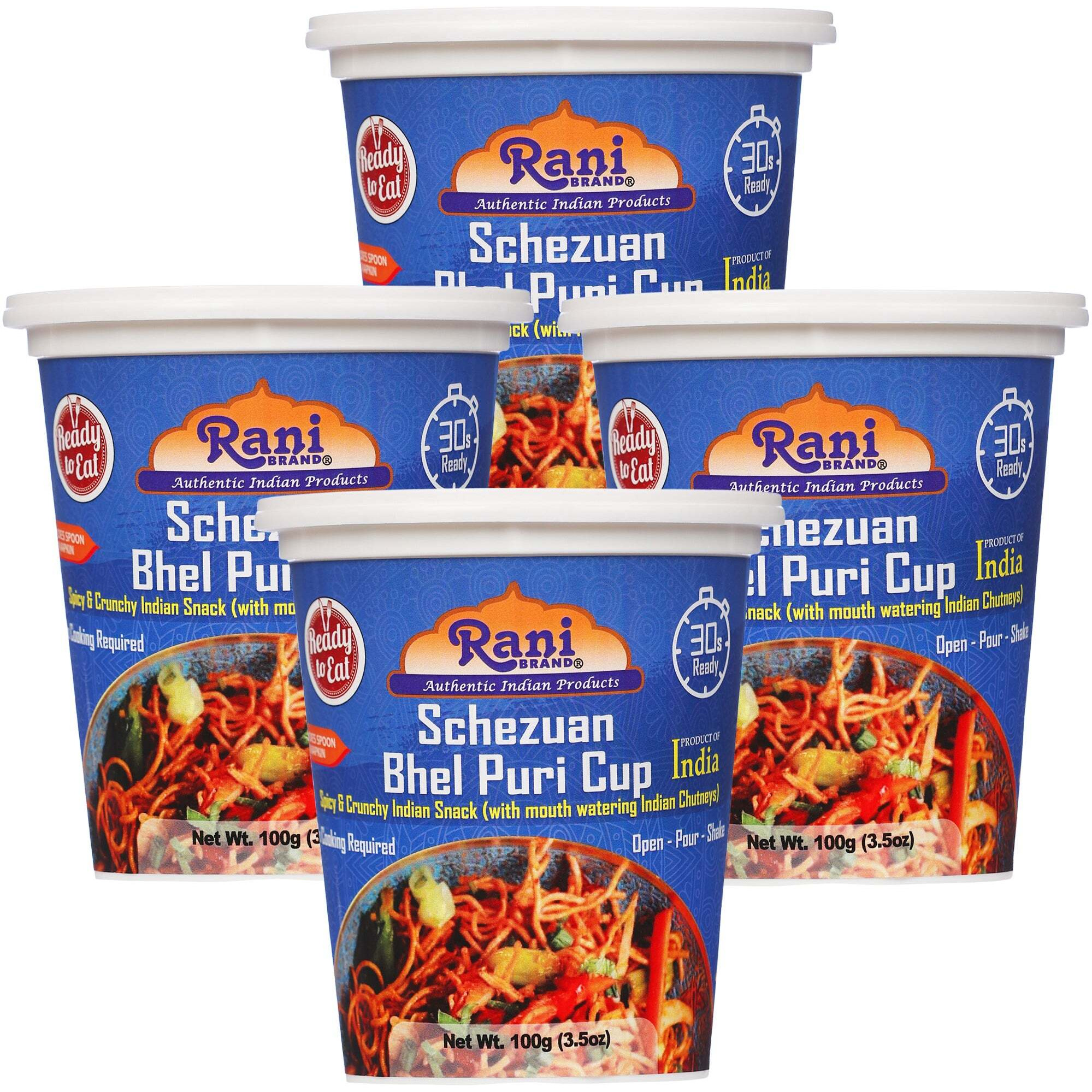 Rani Schezuan Bhel Puri Cup (Spicy & Crunchy Indian Snack w/ mouth watering Indian Chutneys) 3.5oz (100g), Pack of 4 ~ Ready to Eat, Vegan, NON-GMO, Indian Origin