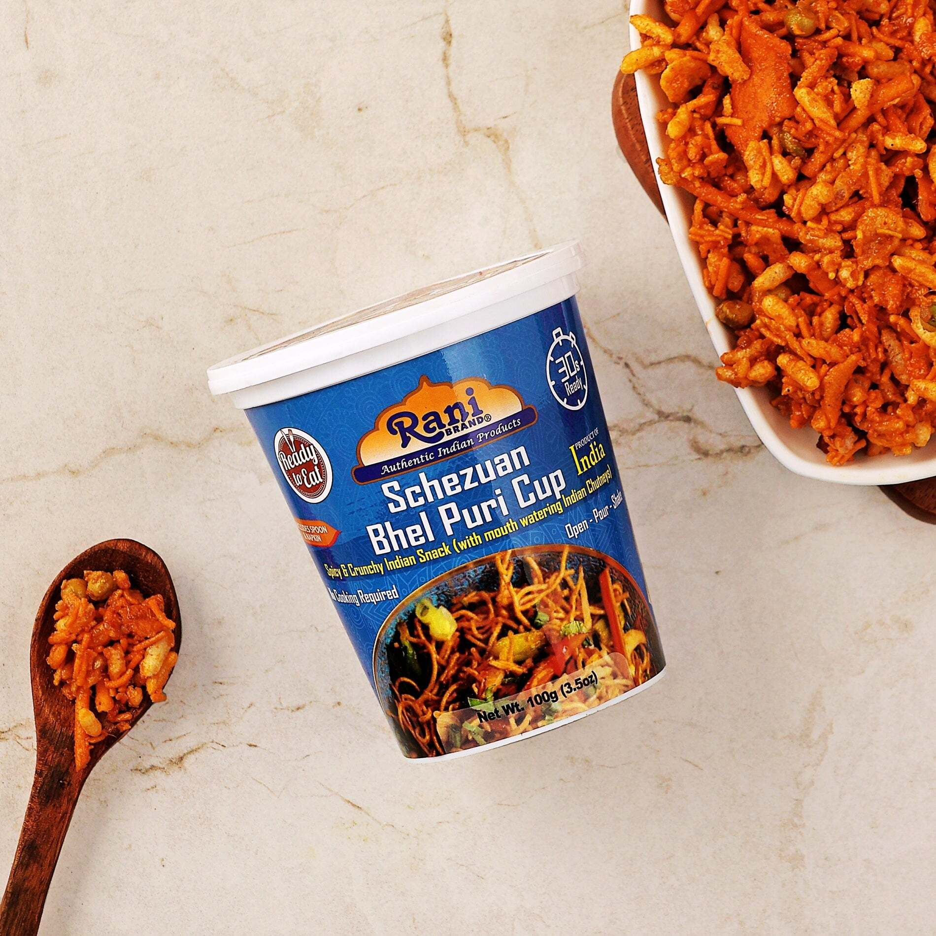 Rani Schezuan Bhel Puri Cup (Spicy & Crunchy Indian Snack w/ mouth watering Indian Chutneys) 3.5oz (100g), Pack of 4 ~ Ready to Eat, Vegan, NON-GMO, Indian Origin
