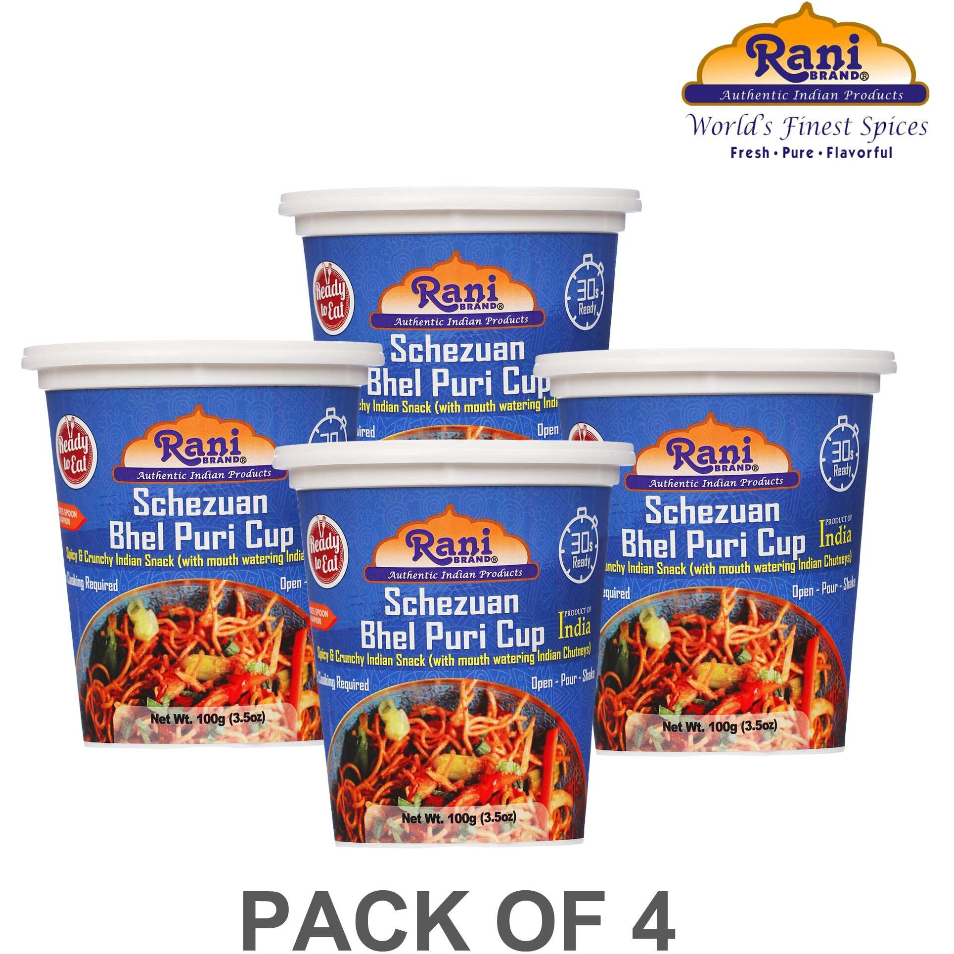 Rani Schezuan Bhel Puri Cup (Spicy & Crunchy Indian Snack w/ mouth watering Indian Chutneys) 3.5oz (100g), Pack of 4 ~ Ready to Eat, Vegan, NON-GMO, Indian Origin