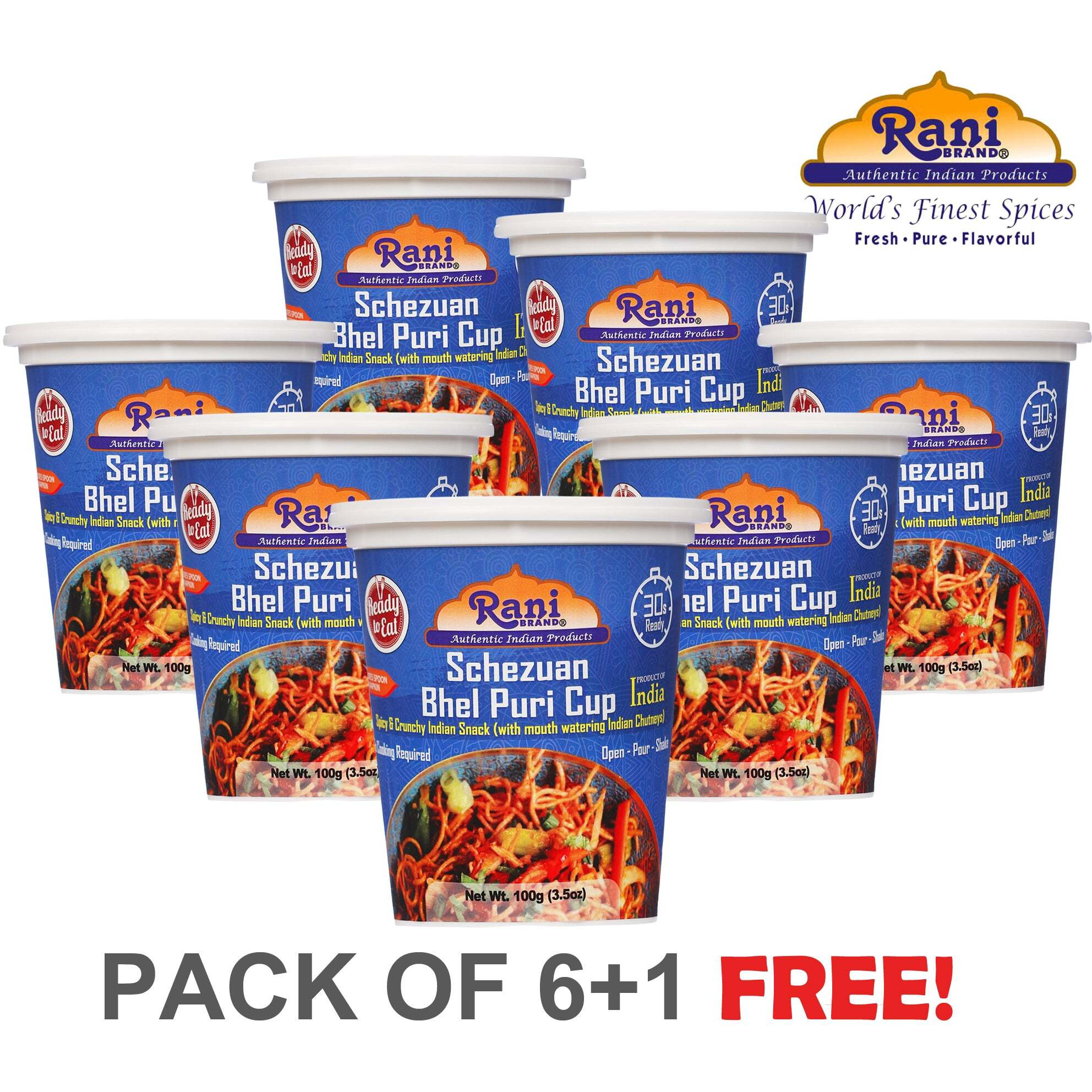 Rani Schezuan Bhel Puri Cup (Spicy & Crunchy Indian Snack w/ mouth watering Indian Chutneys) 3.5oz (100g), Pack of 6+1 FREE ~ Ready to Eat, Vegan, NON-GMO, Indian Origin
