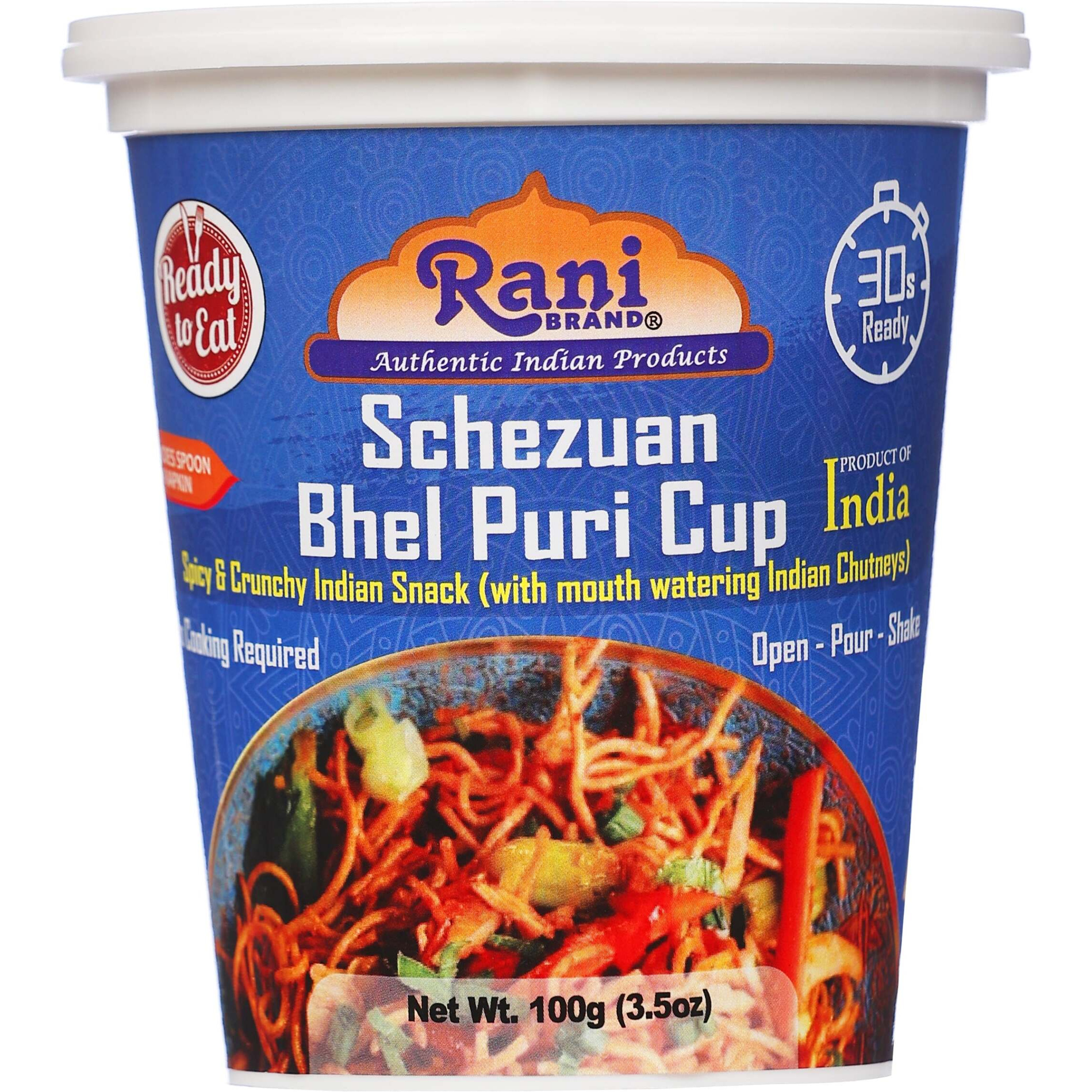 Rani Schezuan Bhel Puri Cup (Spicy & Crunchy Indian Snack w/ mouth watering Indian Chutneys) 3.5oz (100g), Pack of 6+1 FREE ~ Ready to Eat, Vegan, NON-GMO, Indian Origin