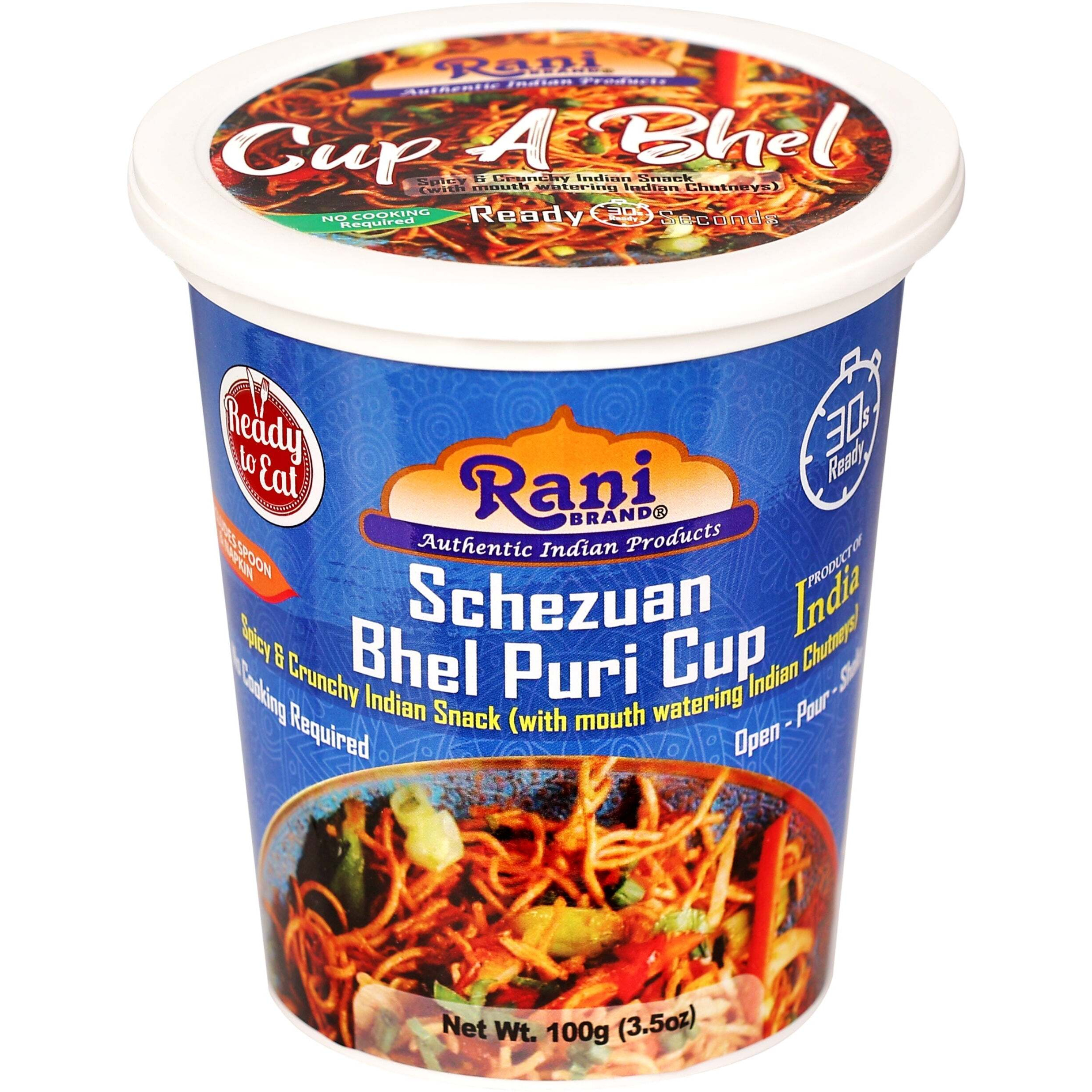 Rani Schezuan Bhel Puri Cup (Spicy & Crunchy Indian Snack w/ mouth watering Indian Chutneys) 3.5oz (100g), Pack of 6+1 FREE ~ Ready to Eat, Vegan, NON-GMO, Indian Origin