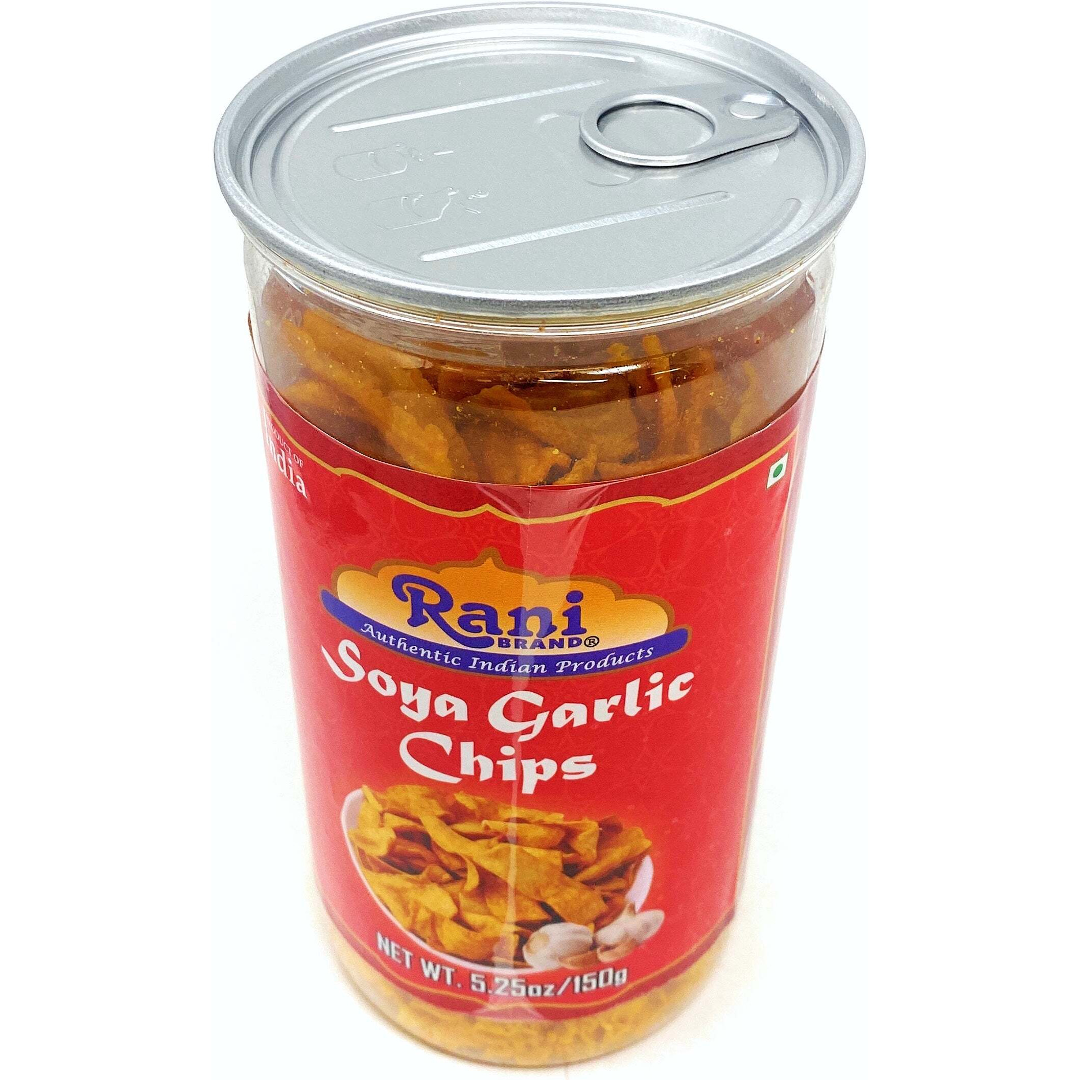 Rani Soya Chips Garlic 5.25oz (150g) Vacuum Sealed, Easy Open Top, Resealable Container ~ Indian Tasty Treats, Vegan, NON-GMO, Indian Origin & Taste (Size 5.25oz (150g))