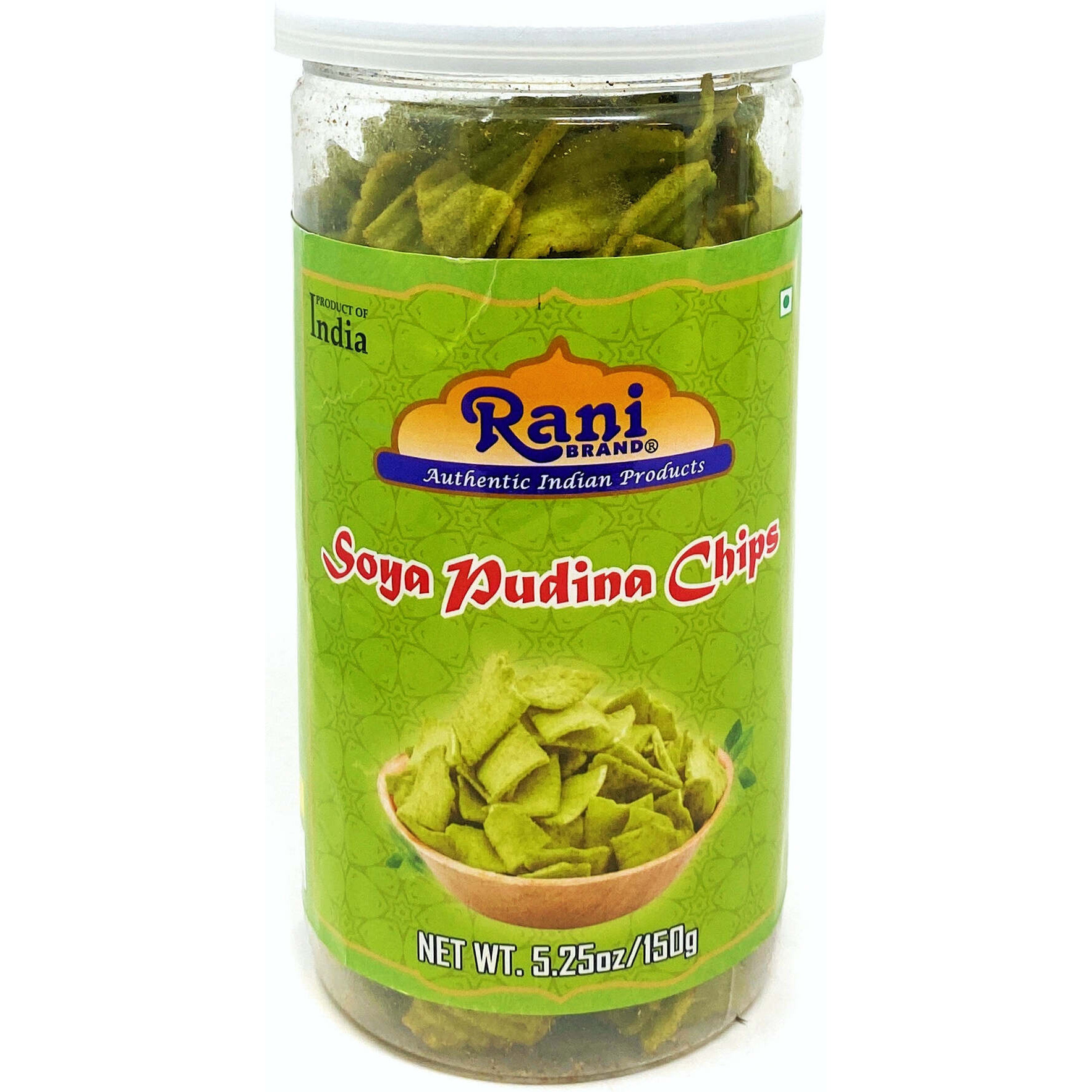 Rani Soya Chips Pudina 5.25oz (150g) Vacuum Sealed, Easy Open Top, Resealable Container ~ Indian Tasty Treats, Vegan, NON-GMO, Indian Origin & Taste (Size 5.25oz (150g))
