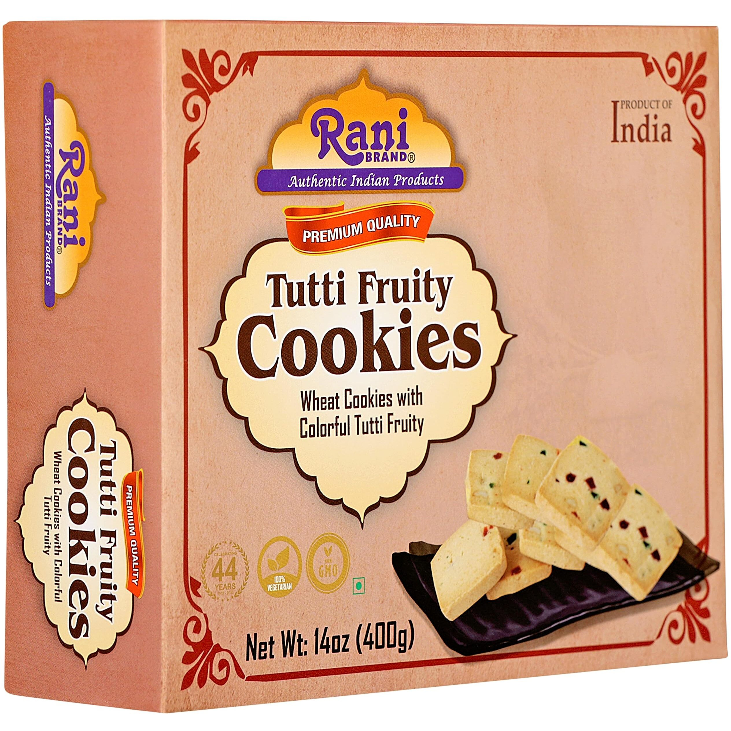Rani Tutti Fruity Cookies (Wheat Cookies with Colorful Tutti Fruity) 14oz (400g) Pack of 3+1 FREE, Premium Quality Indian Cookies ~ Vegan, Non-GMO, Indian Origin (Size 14oz (400g))