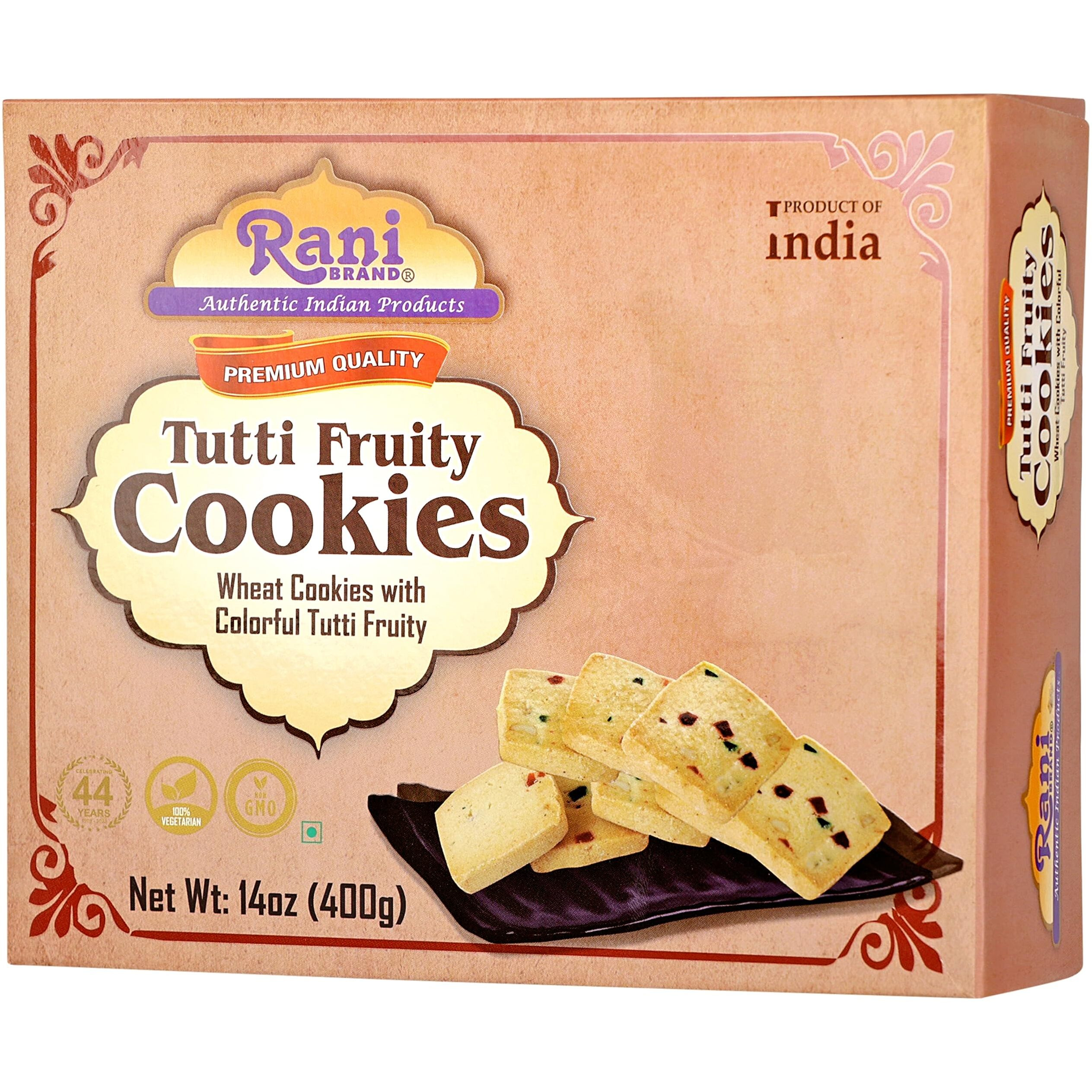 Rani Tutti Fruity Cookies (Wheat Cookies with Colorful Tutti Fruity) 14oz (400g) Pack of 3+1 FREE, Premium Quality Indian Cookies ~ Vegan, Non-GMO, Indian Origin (Size 14oz (400g))