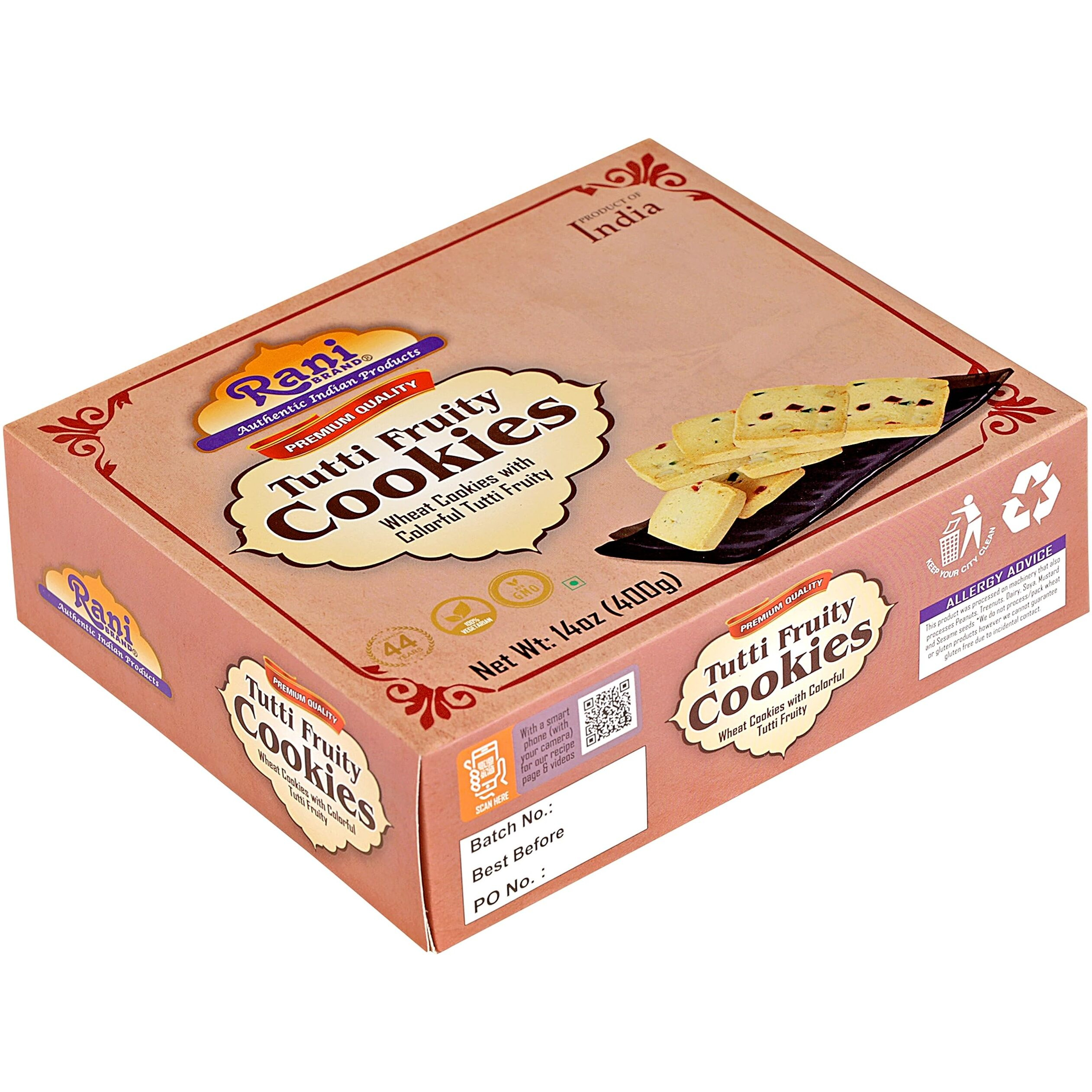Rani Tutti Fruity Cookies (Wheat Cookies with Colorful Tutti Fruity) 14oz (400g) Pack of 3+1 FREE, Premium Quality Indian Cookies ~ Vegan, Non-GMO, Indian Origin (Size 14oz (400g))