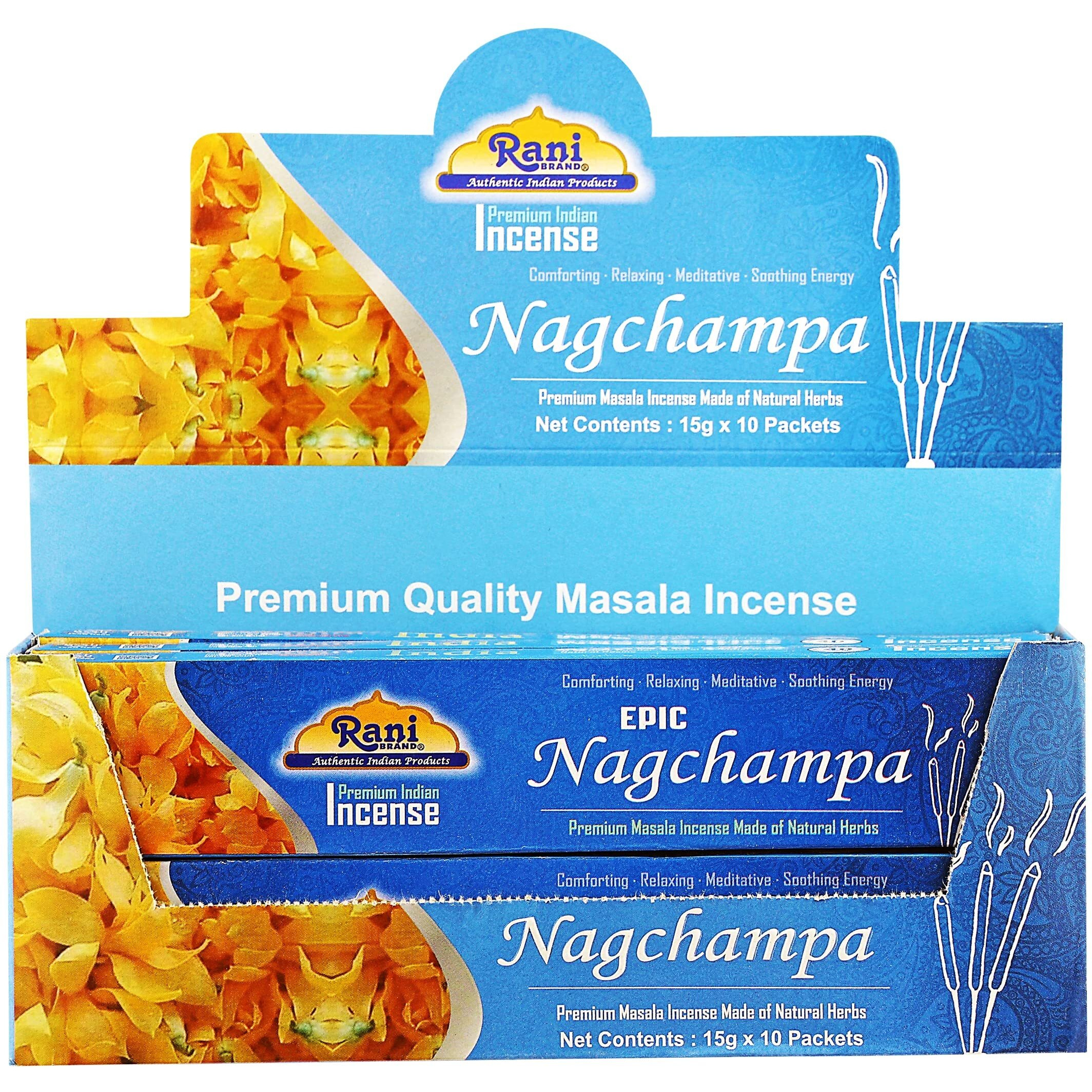 Rani Brand Authentic Indian Products Epic Nagchampa Incense (15g x 10 Packets, Total 100 Sticks) for Puja, Meditation & Home Fragrance