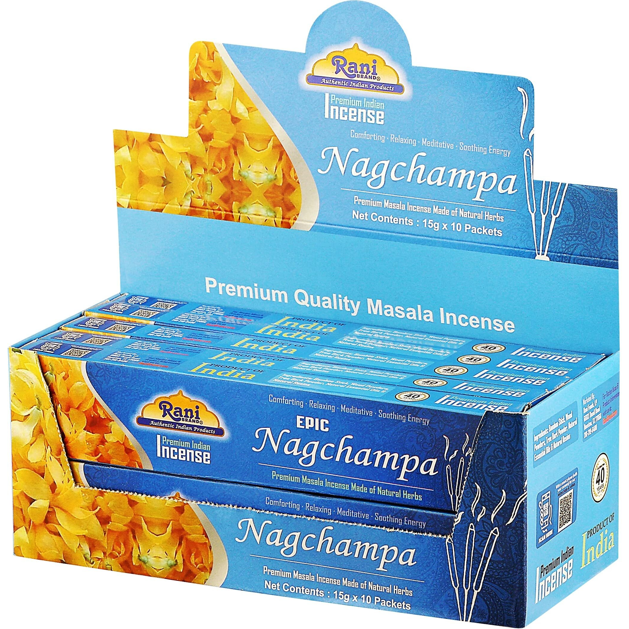 Rani Brand Authentic Indian Products Epic Nagchampa Incense (15g x 10 Packets, Total 100 Sticks) for Puja, Meditation & Home Fragrance
