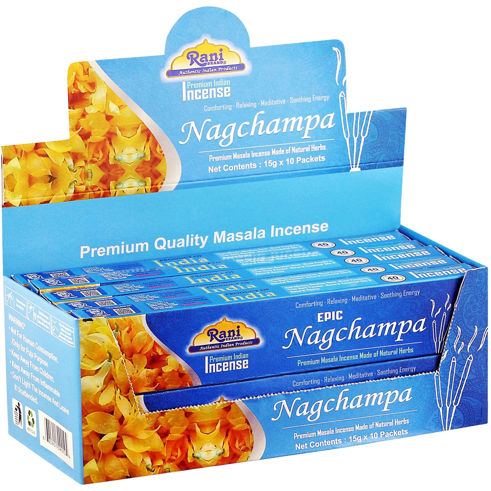 Rani Brand Authentic Indian Products Epic Nagchampa Incense (15g x 10 Packets, Total 100 Sticks) for Puja, Meditation & Home Fragrance