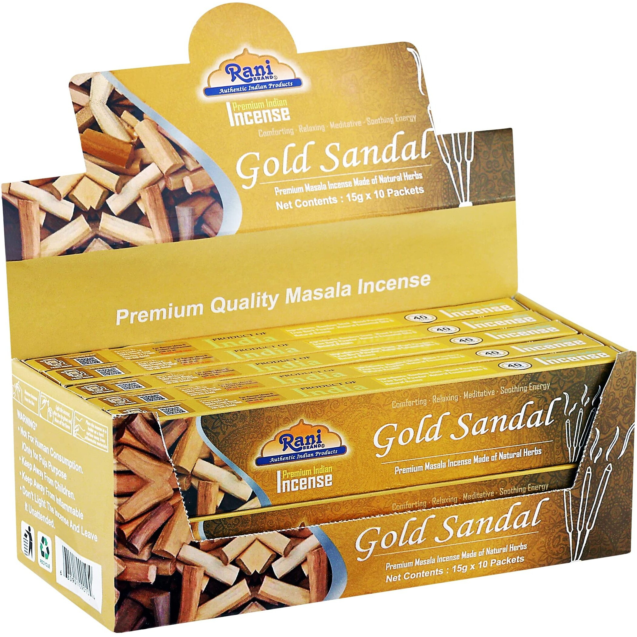 Rani Gold Sandal Incense (Premium Masala Incense Made of Natural Herbs) 15g x 10 Packets ~ Total of 100 Incense Sticks, for Puja Purposes, Indian Origin