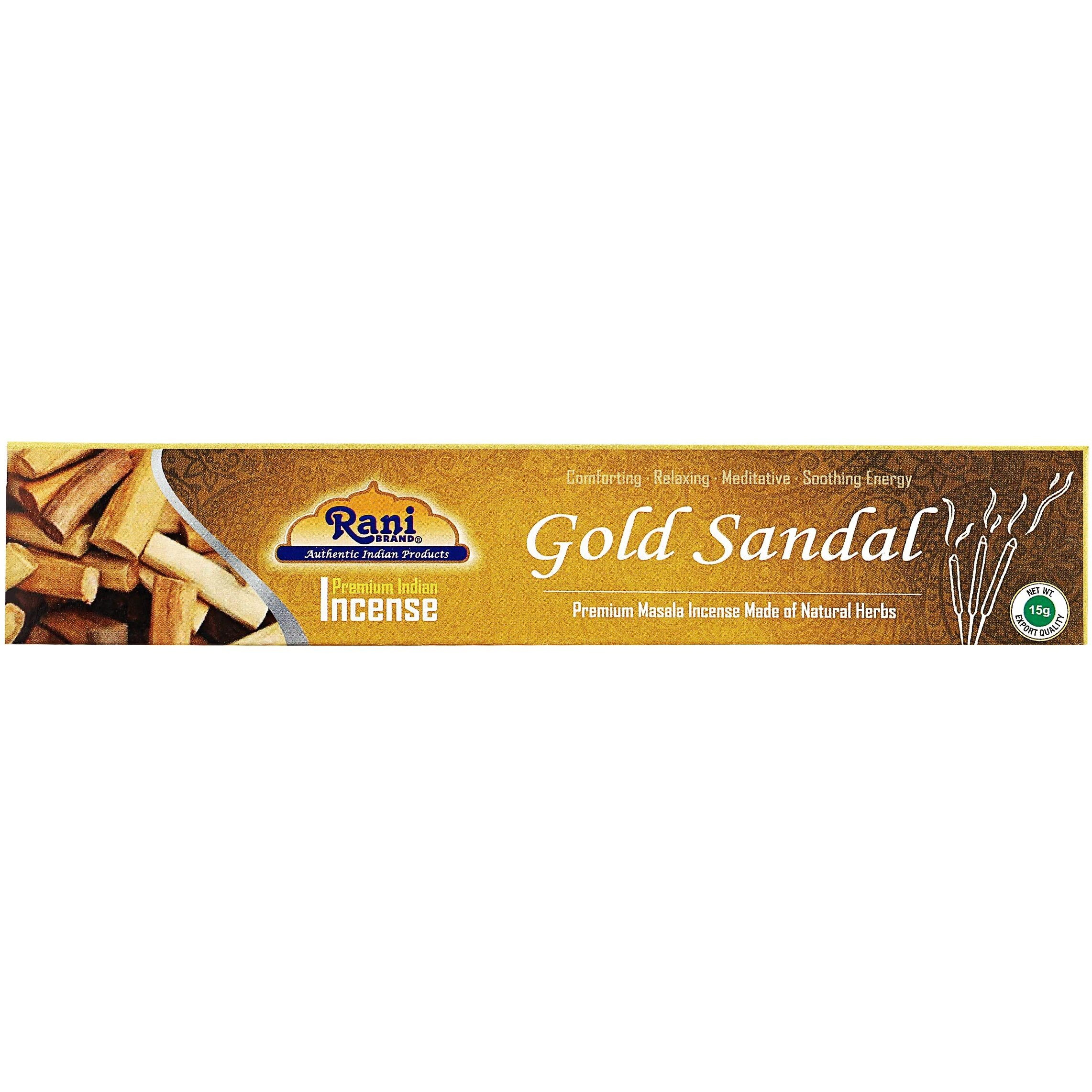 Rani Gold Sandal Incense (Premium Masala Incense Made of Natural Herbs) 15g x 10 Packets ~ Total of 100 Incense Sticks, for Puja Purposes, Indian Origin