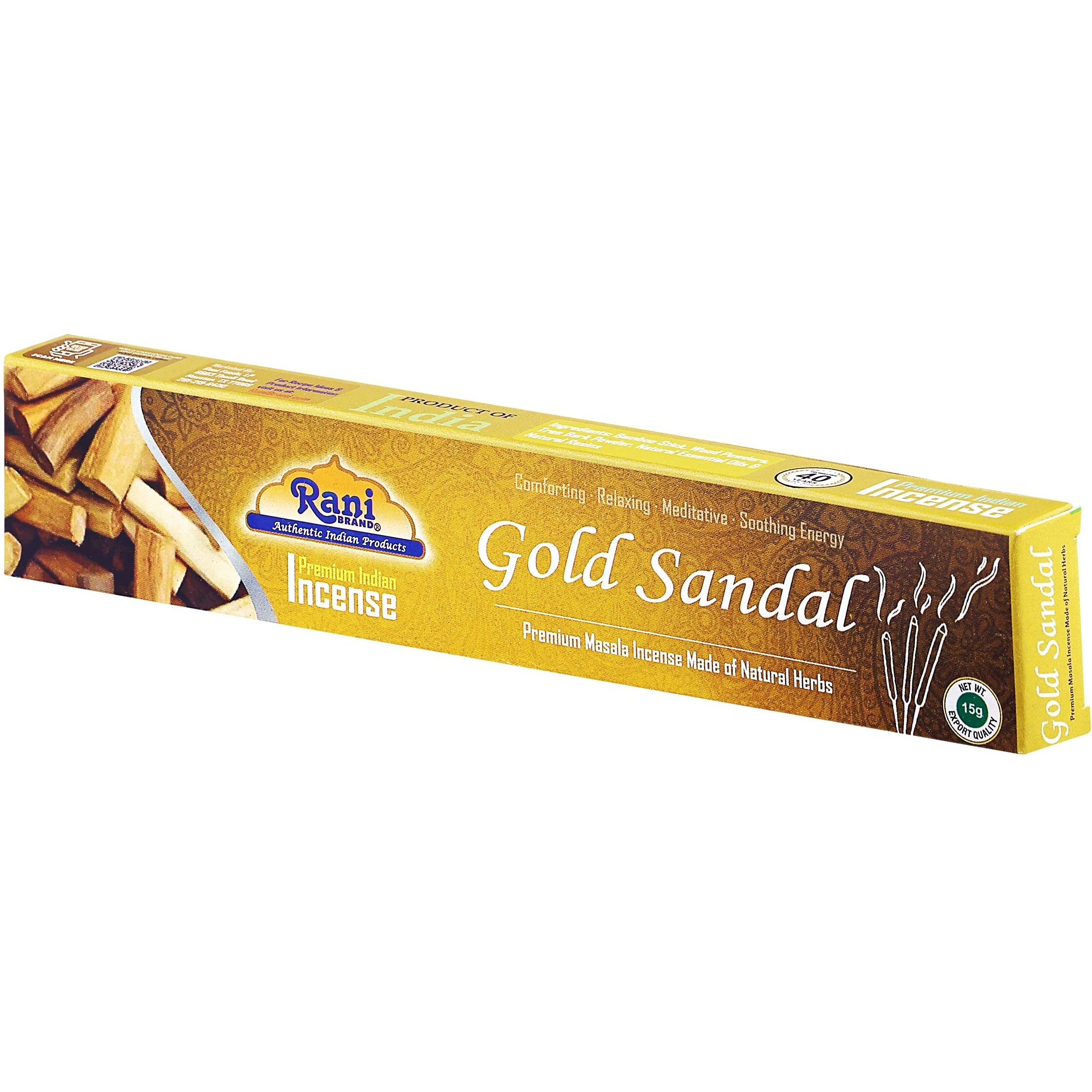 Rani Gold Sandal Incense (Premium Masala Incense Made of Natural Herbs) 15g x 10 Packets ~ Total of 100 Incense Sticks, for Puja Purposes, Indian Origin