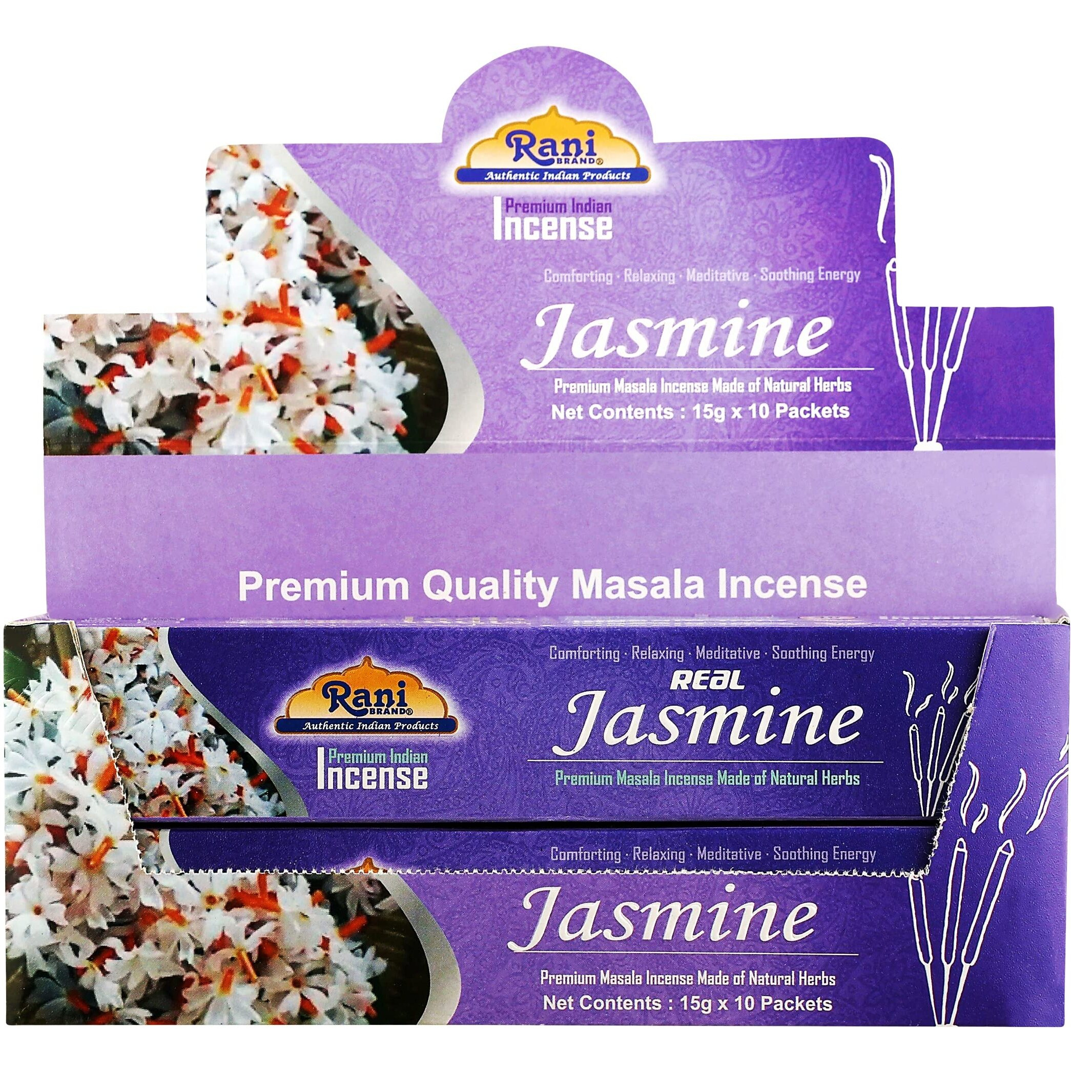 Rani Jasmine Incense (Premium Masala Incense Made of Natural Herbs) 15g x 10 Packets ~ Total of 100 Incense Sticks, for Puja Purposes, Indian Origin