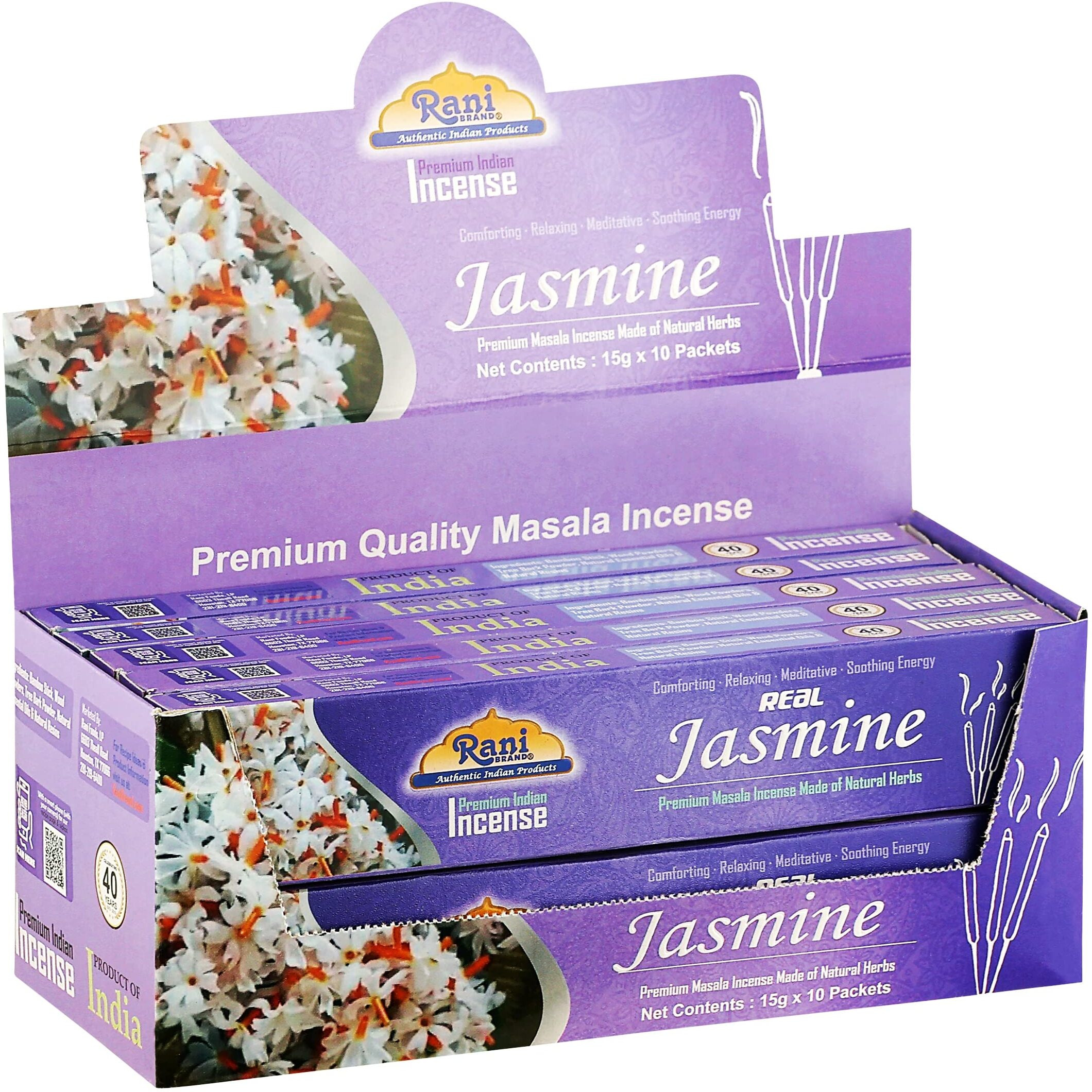 Rani Jasmine Incense (Premium Masala Incense Made of Natural Herbs) 15g x 10 Packets ~ Total of 100 Incense Sticks, for Puja Purposes, Indian Origin