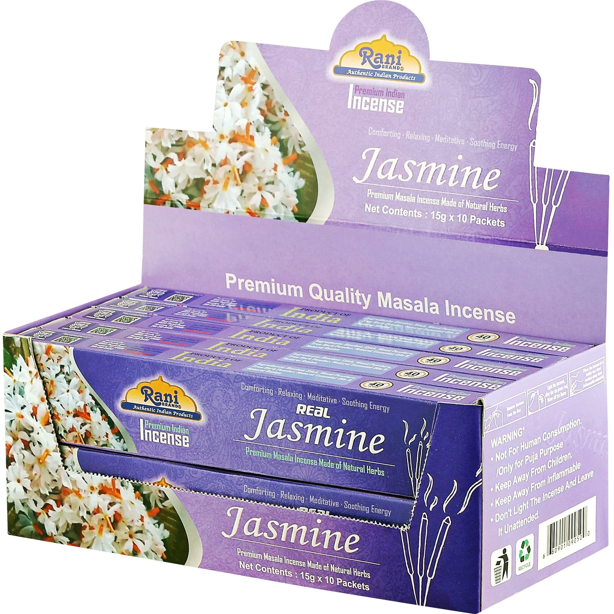 Rani Jasmine Incense (Premium Masala Incense Made of Natural Herbs) 15g x 10 Packets ~ Total of 100 Incense Sticks, for Puja Purposes, Indian Origin