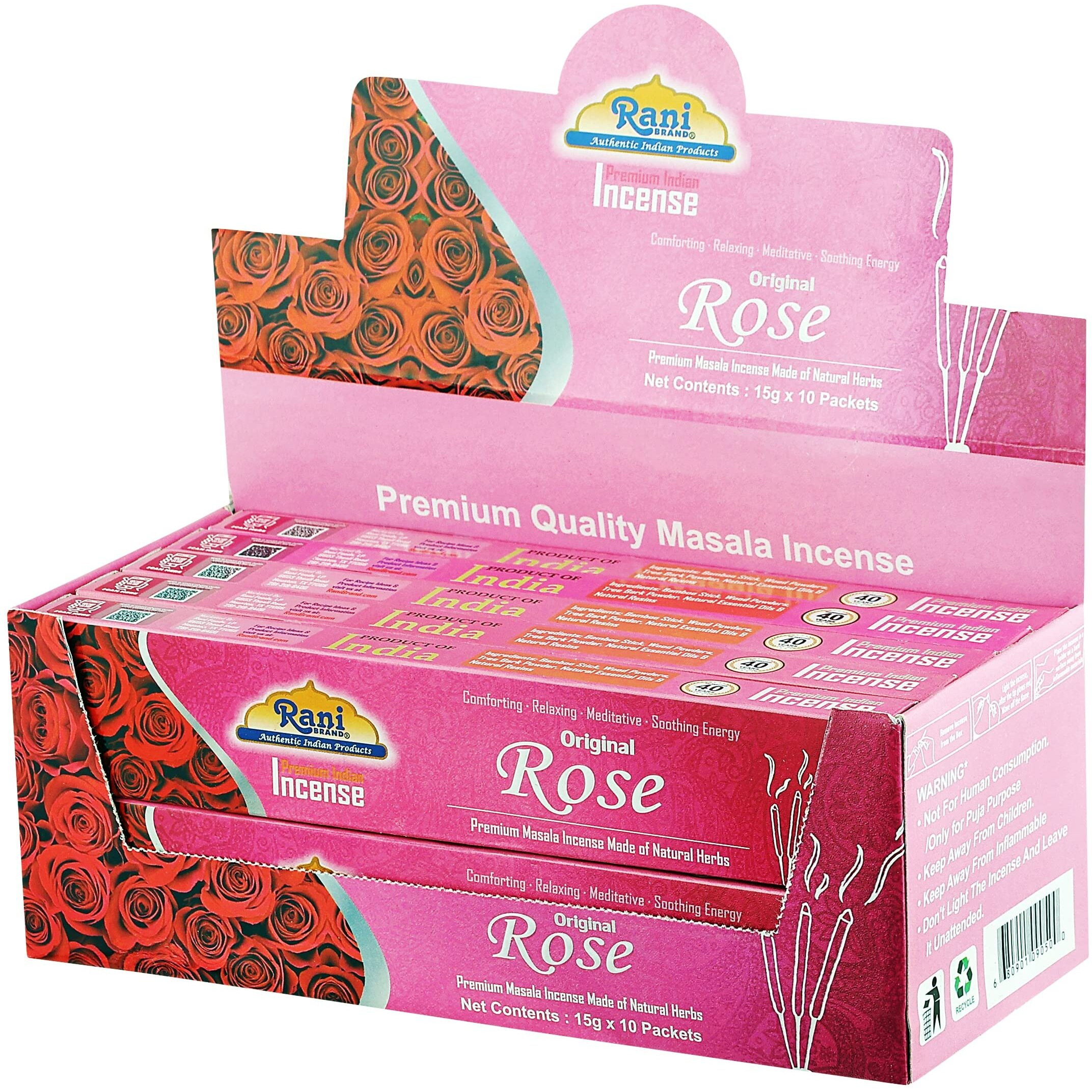 Rani Original Rose Incense (Premium Masala Incense Made of Natural Herbs) 15g x 10 Packets ~ Total of 100 Incense Sticks, for Puja Purposes, Indian Origin
