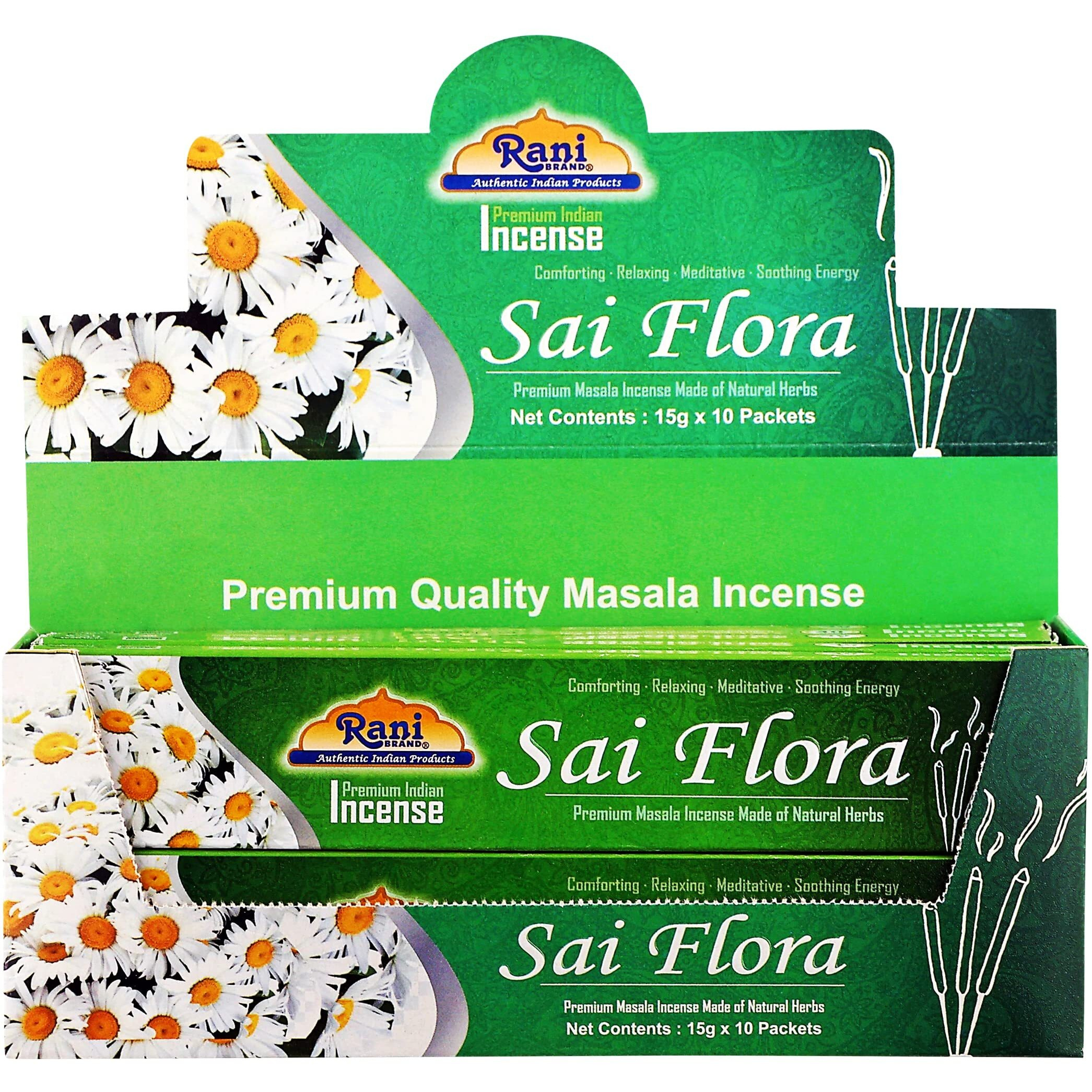 Rani Sai Flora Incense (Premium Masala Incense Made of Natural Herbs) 15g x 10 Packets ~ Total of 100 Incense Sticks, for Puja Purposes, Indian Origin
