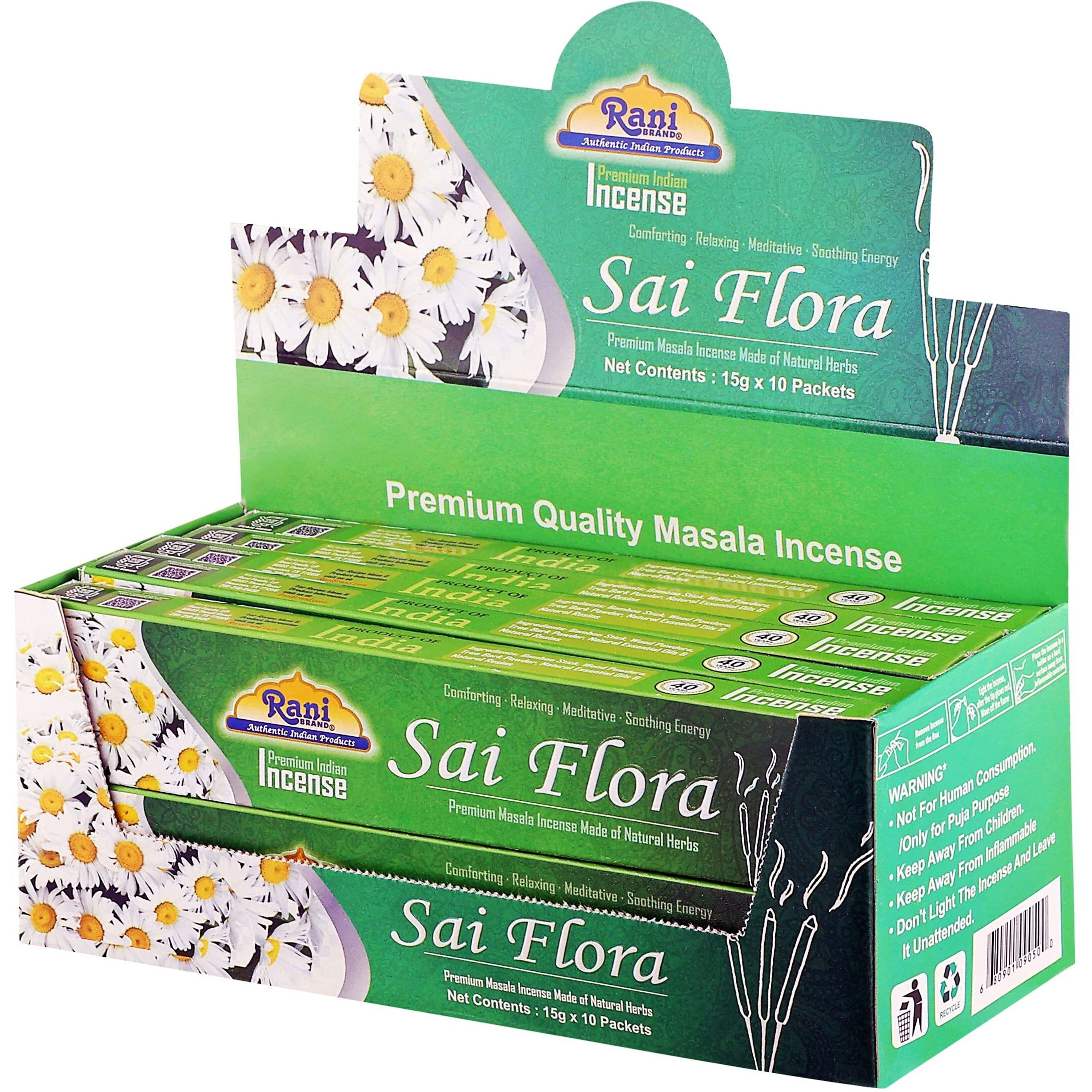 Rani Sai Flora Incense (Premium Masala Incense Made of Natural Herbs) 15g x 10 Packets ~ Total of 100 Incense Sticks, for Puja Purposes, Indian Origin