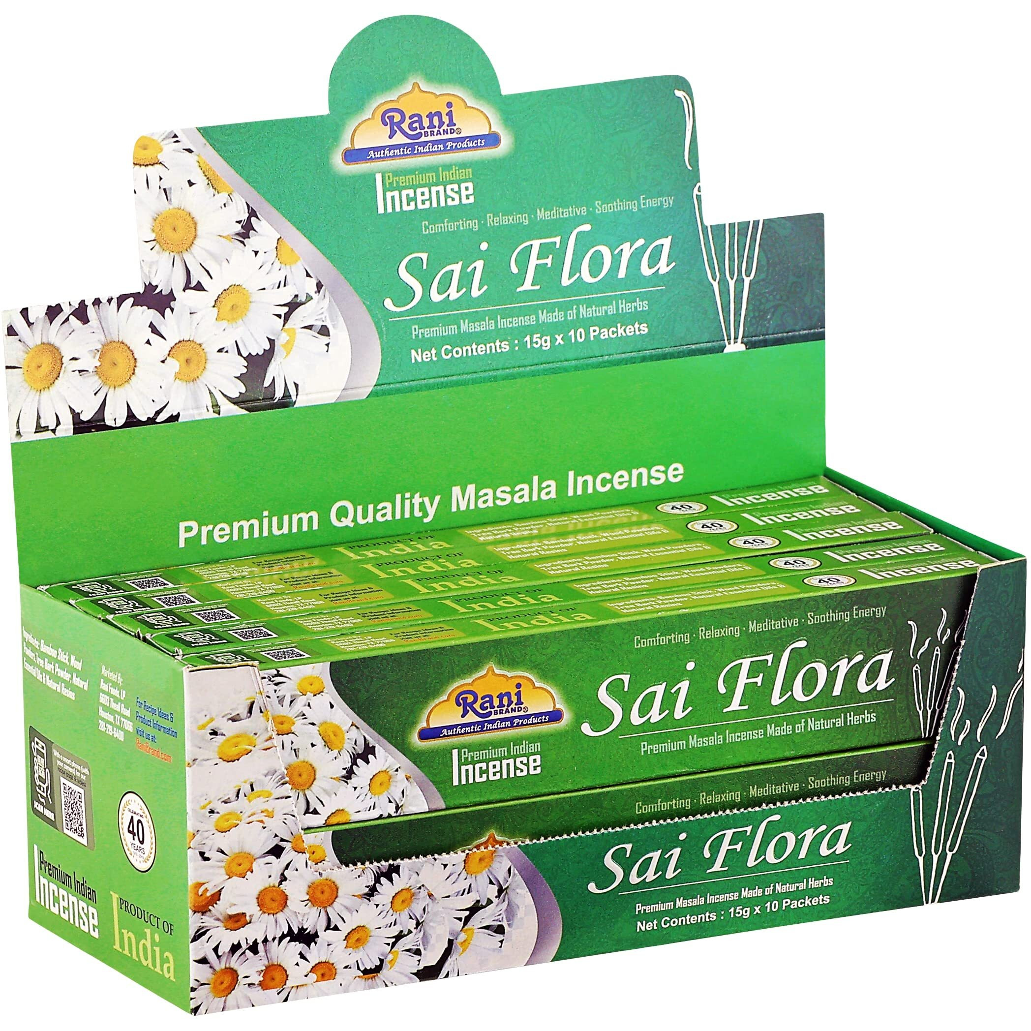 Rani Sai Flora Incense (Premium Masala Incense Made of Natural Herbs) 15g x 10 Packets ~ Total of 100 Incense Sticks, for Puja Purposes, Indian Origin