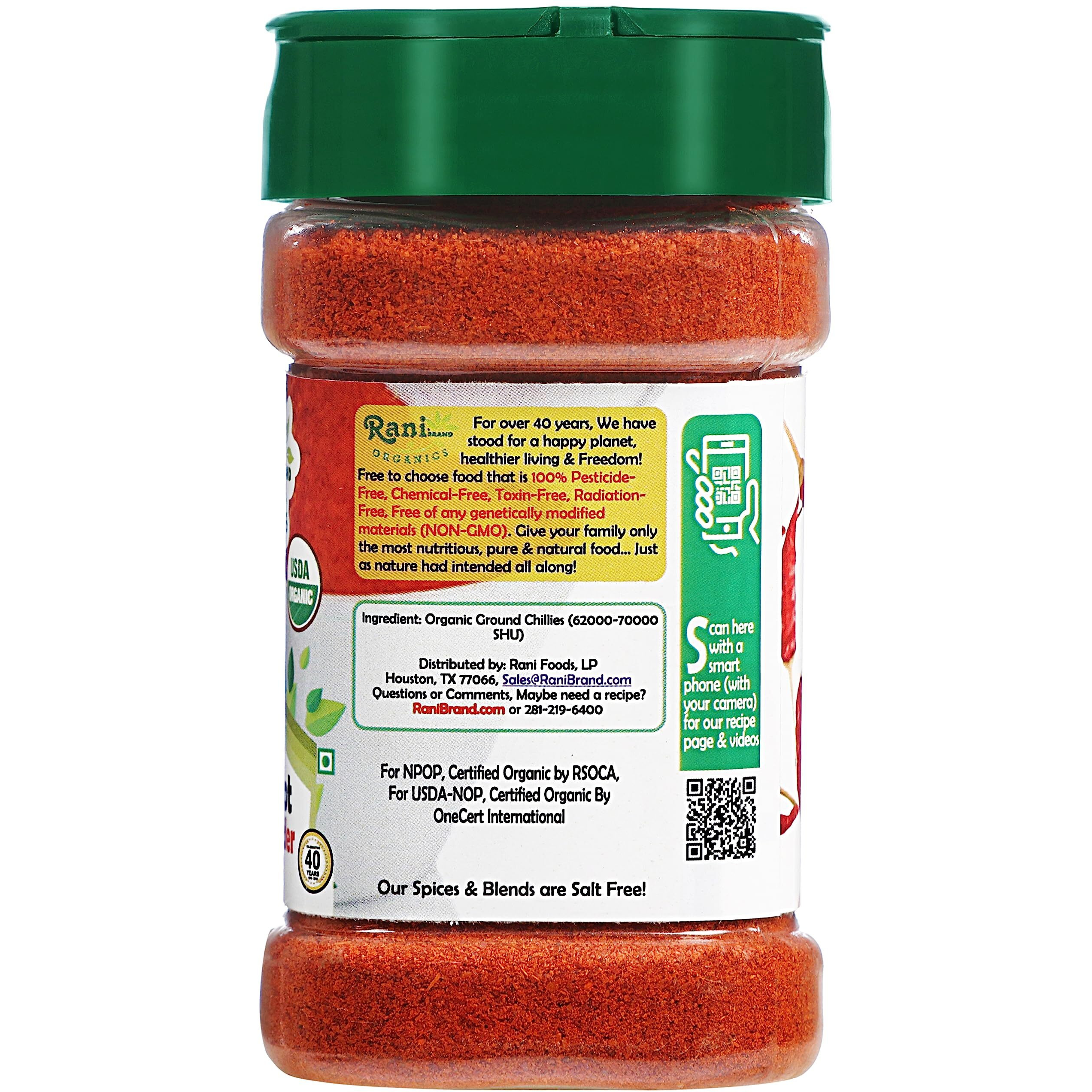 Rani Organic Extra Hot Chilli Powder (Hot Mirchi Ground) 3oz (85g) PET Jar ~ All Natural , Vegan , Gluten Friendly , NON-GMO , Indian Origin , USDA Certified Organic