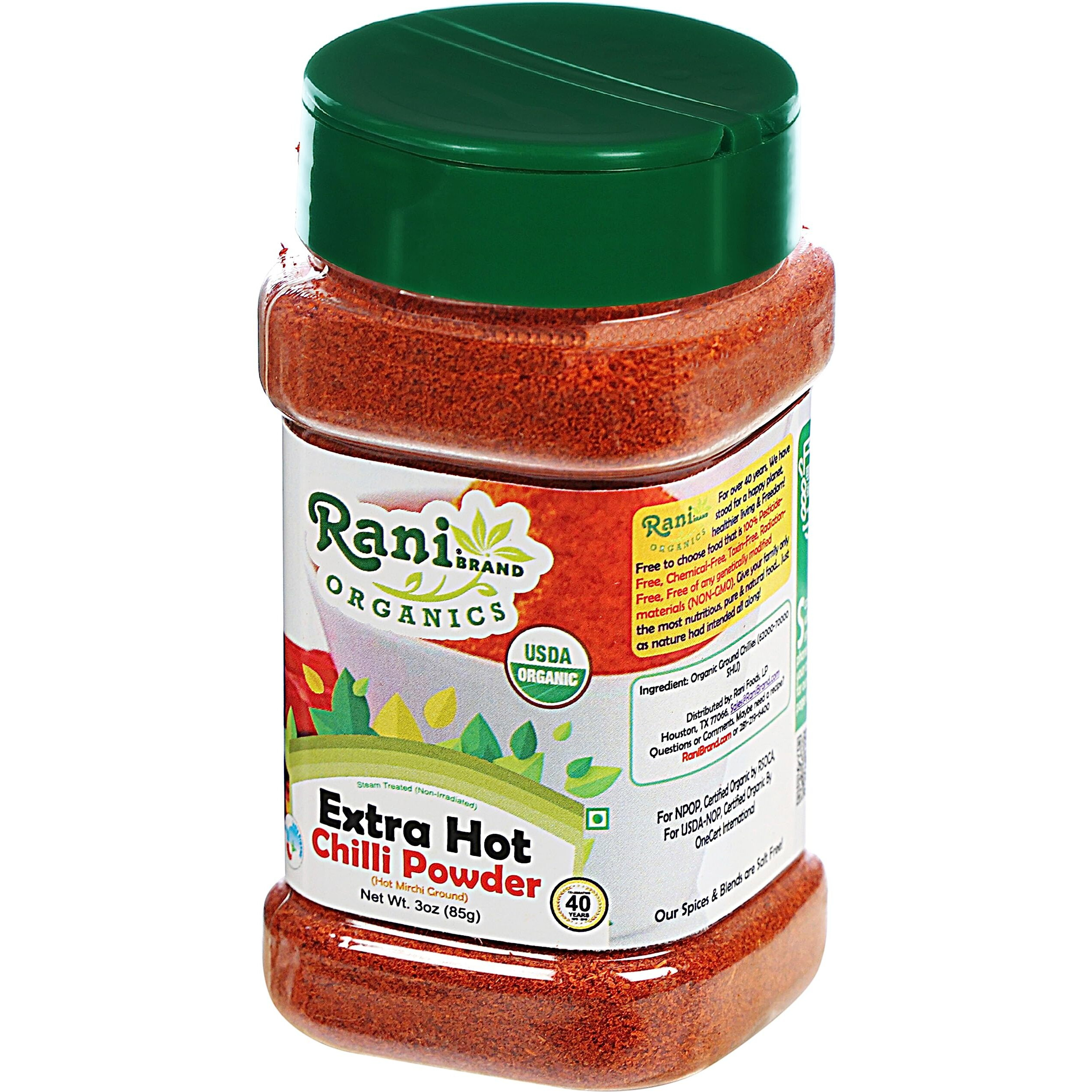Rani Organic Extra Hot Chilli Powder (Hot Mirchi Ground) 3oz (85g) PET Jar ~ All Natural , Vegan , Gluten Friendly , NON-GMO , Indian Origin , USDA Certified Organic