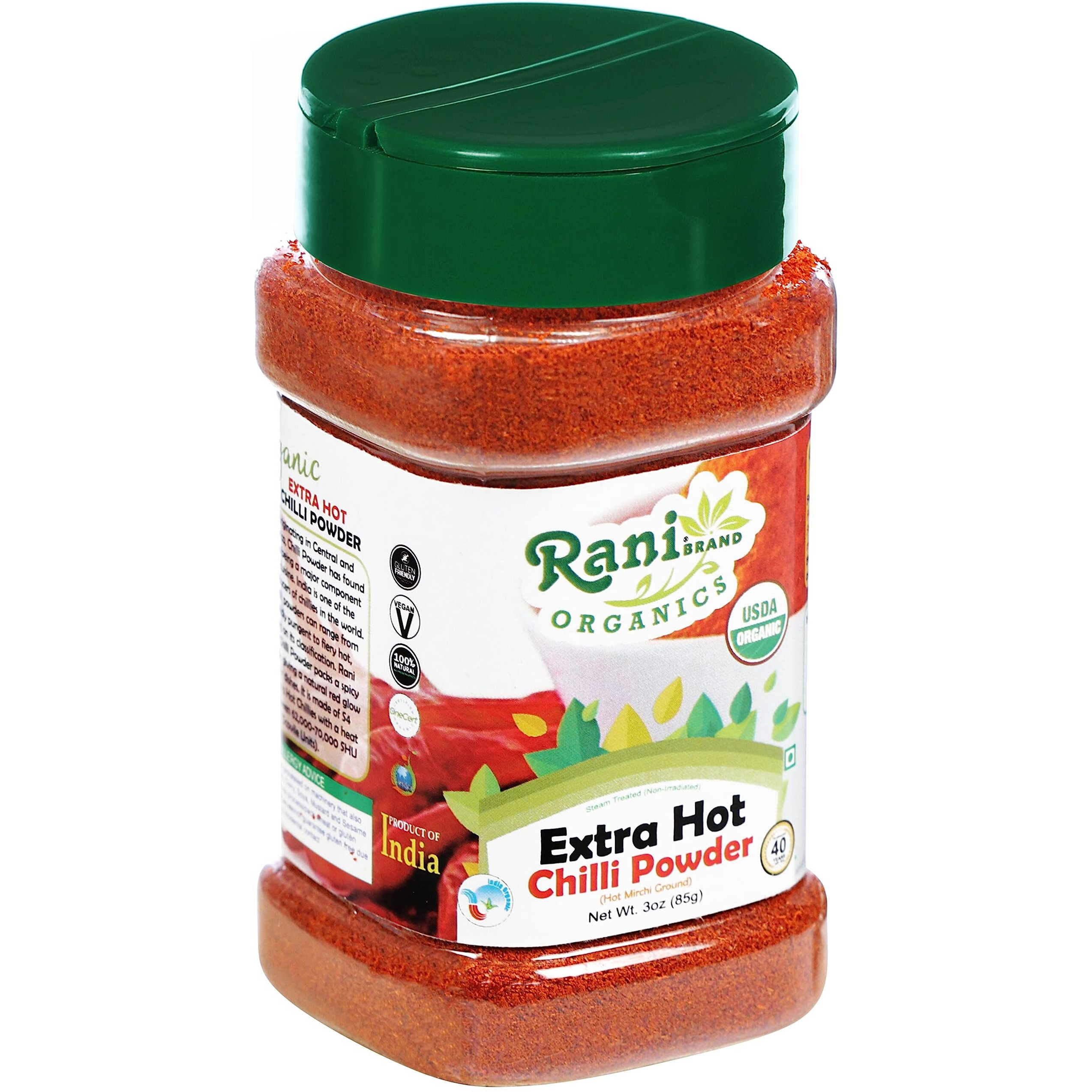Rani Organic Extra Hot Chilli Powder (Hot Mirchi Ground) 3oz (85g) PET Jar ~ All Natural , Vegan , Gluten Friendly , NON-GMO , Indian Origin , USDA Certified Organic